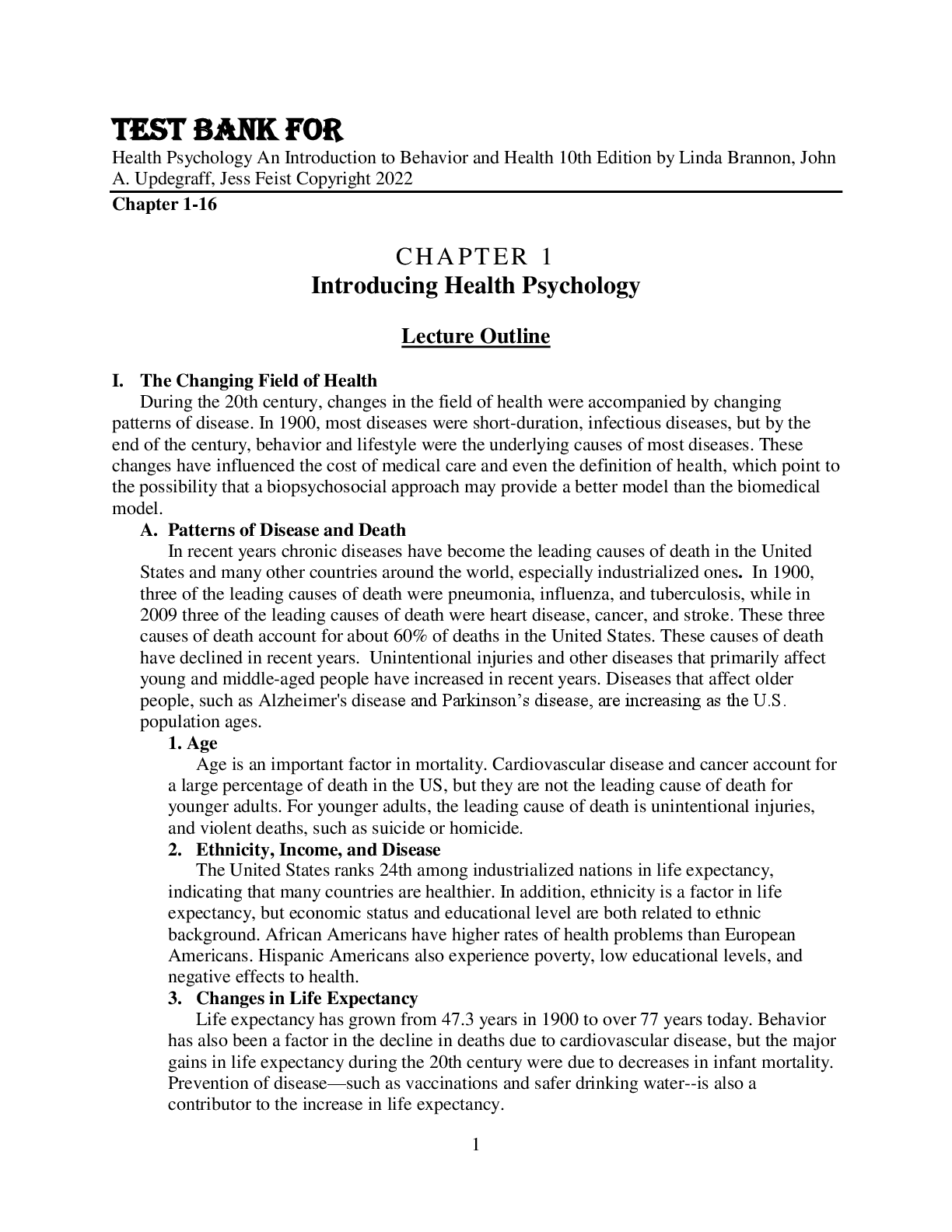 Preview image for Test Bank For Health Psychology An Introduction to Behavior and Health 10th Edition by Linda Brannon, John A. Updegraff, Jess Feist Copyright 2022 Chapter 1-16
