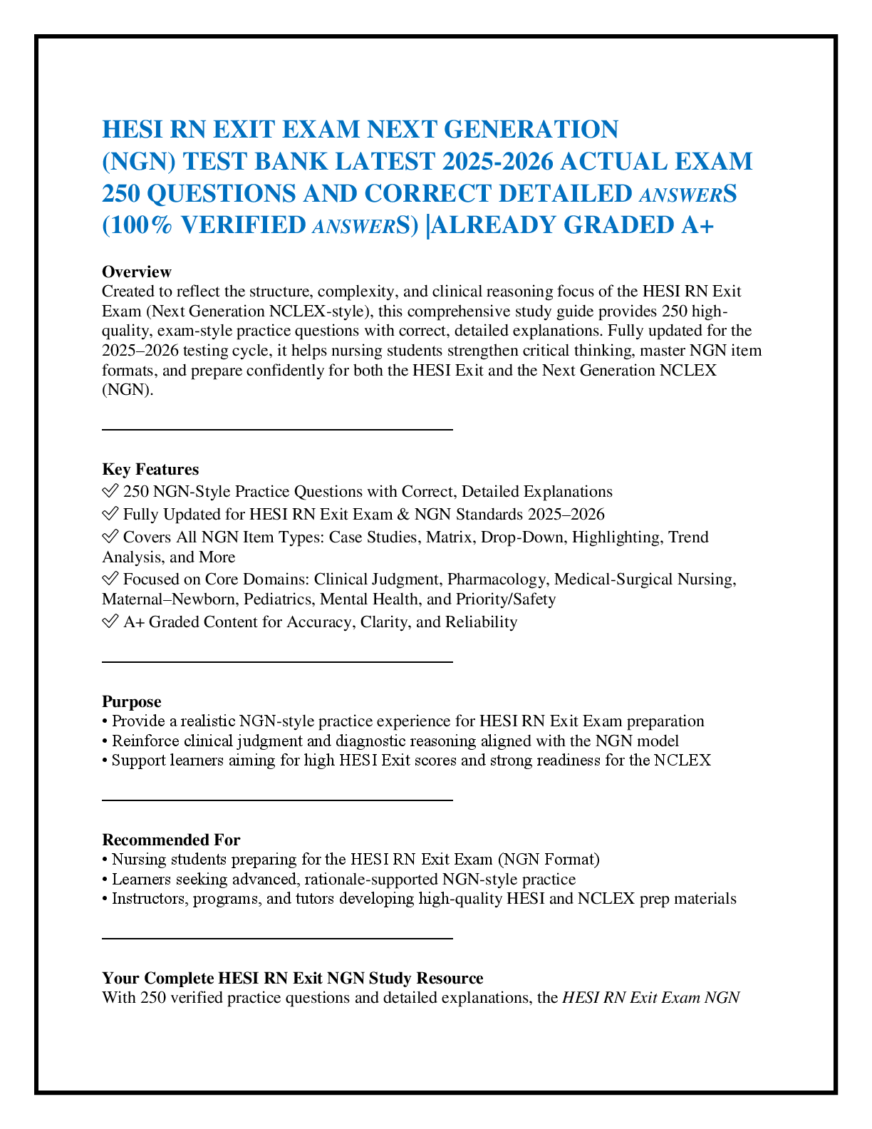Recommended document preview for HESI RN EXIT EXAM NEXT GENERATION   (NGN) TEST BANK LATEST 2025-2026 ACTUAL EXAM   250 QUESTIONS AND CORRECT DETAILED ANSWERS  (100% VERIFIED ANSWERS) |ALREADY GRADED A+