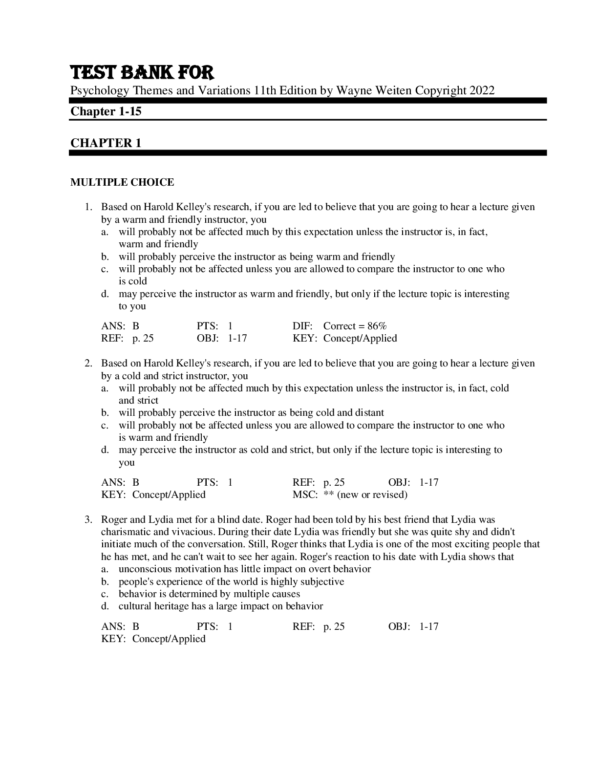 Preview image for Test Bank For Psychology Themes and Variations 11th Edition by Wayne Weiten  Copyright 2022 Chapter 1-15