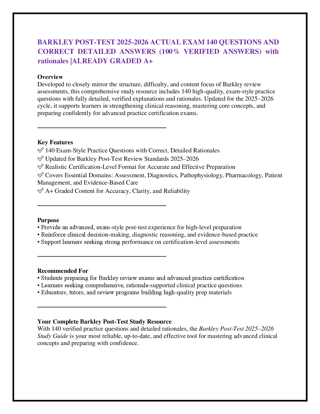 BARKLEY POST-TEST 2025-2026 ACTUAL EXAM 140 QUESTIONS AND CORRECT DETAILED ANSWERS (100% VERIFIED ANSWERS) with rationales |ALREADY GRADED A+
