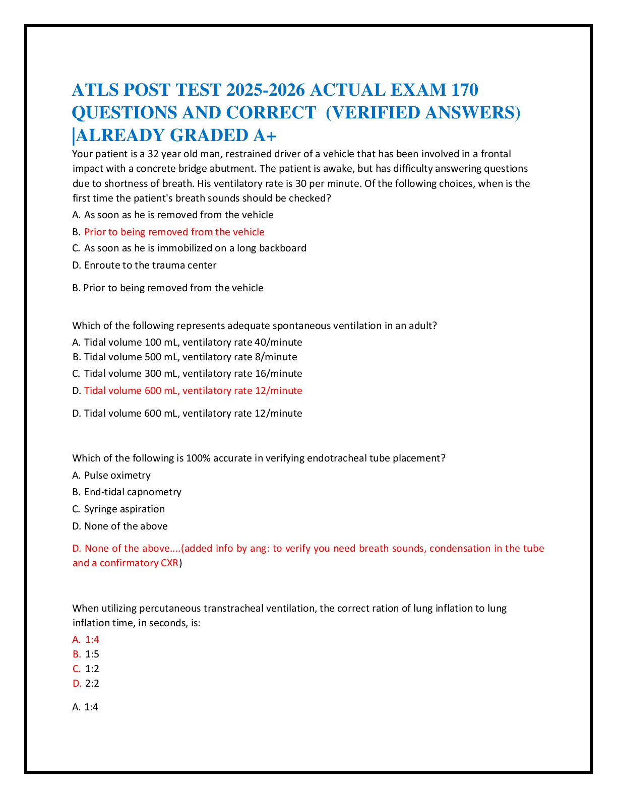 Recommended document preview for ATLS POST TEST 2025-2026 ACTUAL EXAM 170   QUESTIONS AND CORRECT  (VERIFIED ANSWERS)  |ALREADY GRADED A+