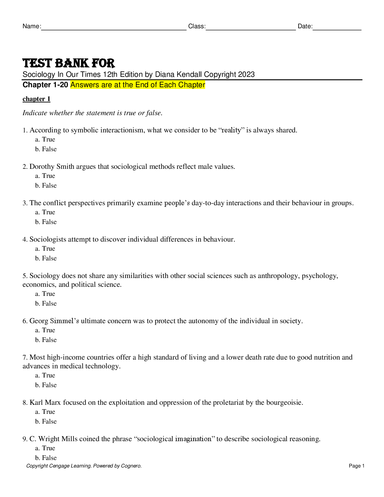 Preview image for Test Bank For Sociology In Our Times 12th Edition by Diana Kendall Copyright 2023 Chapter 1-20