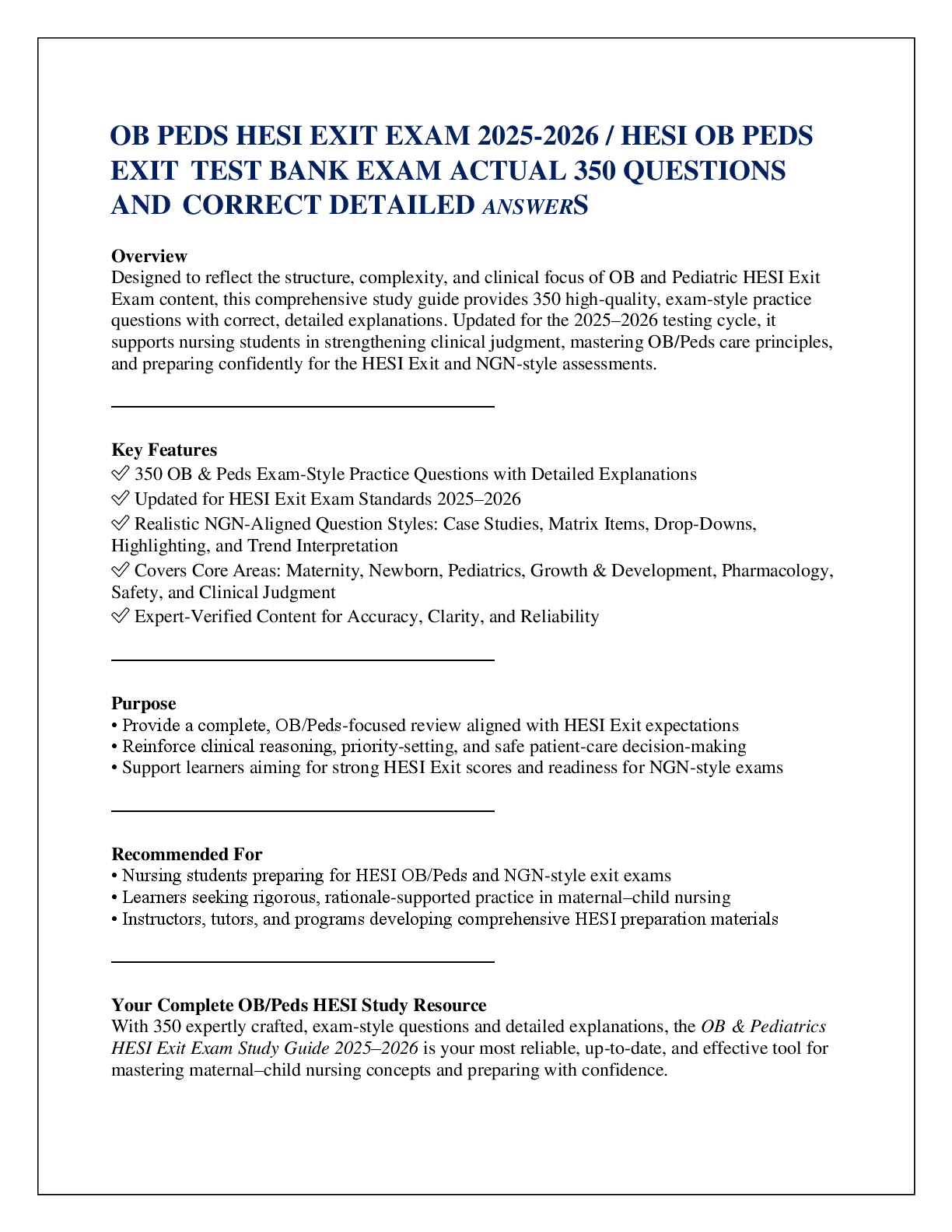 Preview of OB PEDS HESI EXIT EXAM 2025-2026 / HESI OB PEDS EXIT  TEST BANK EXAM ACTUAL 350 QUESTIONS AND  CORRECT DETAILED ANSWERS