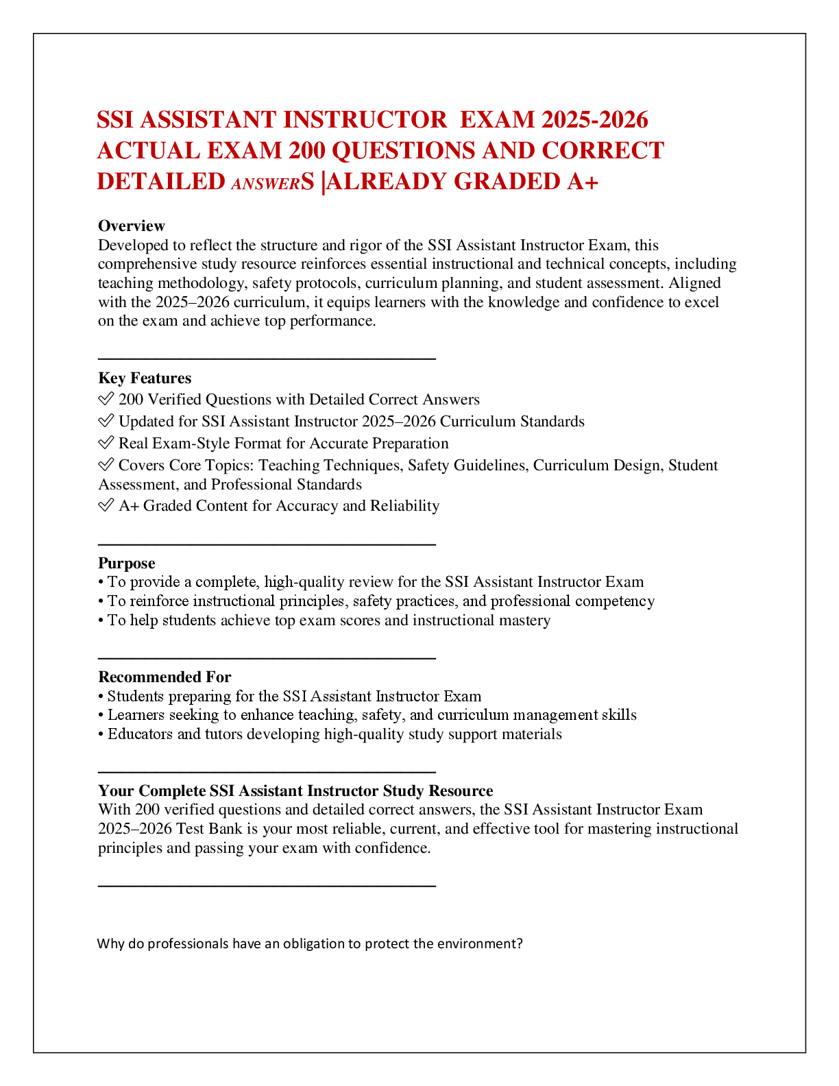 SSI ASSISTANT INSTRUCTOR  EXAM 2025-2026   ACTUAL EXAM 200 QUESTIONS AND CORRECT   DETAILED ANSWERS |ALREADY GRADED A+