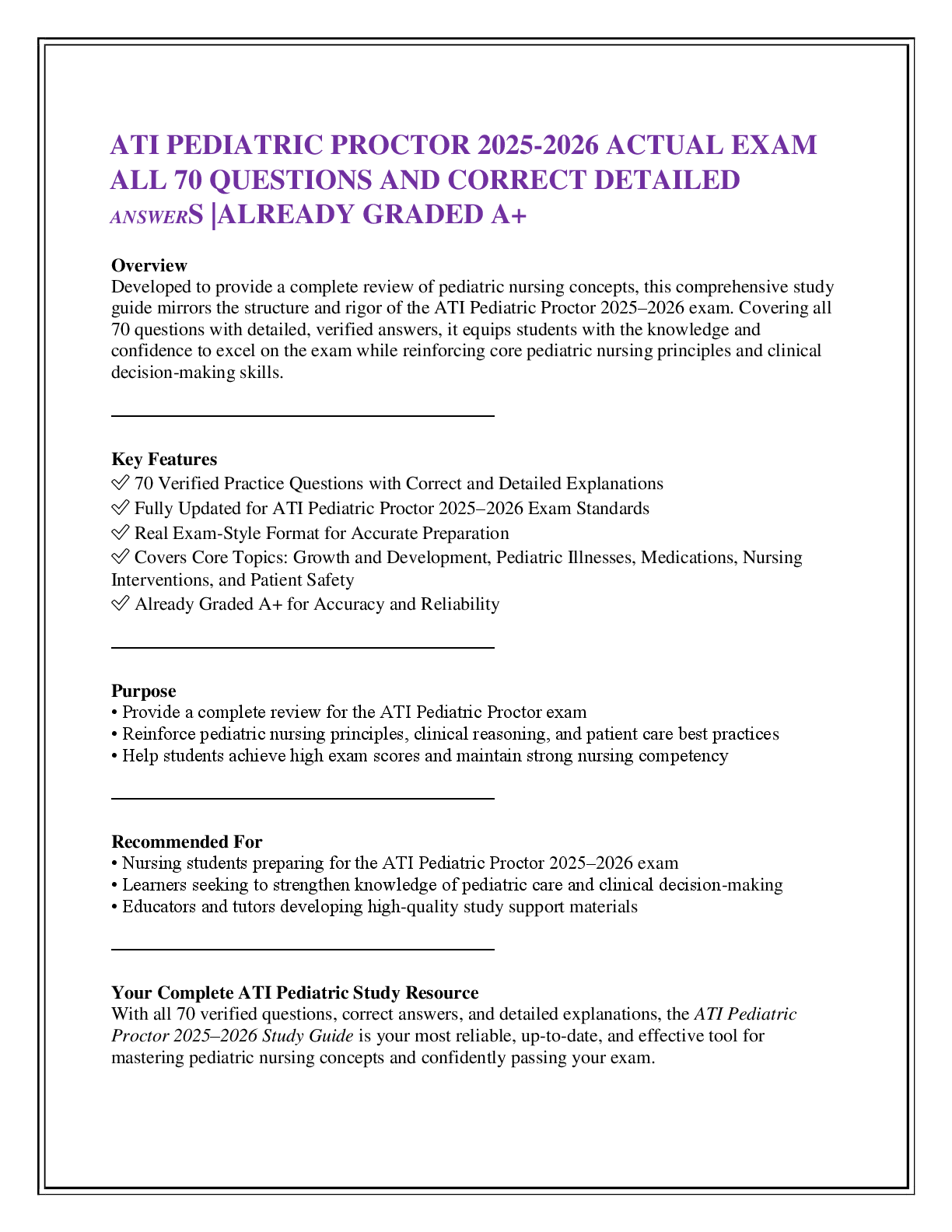 ATI PEDIATRIC PROCTOR 2025-2026 ACTUAL EXAM   ALL 70 QUESTIONS AND CORRECT DETAILED ANSWERS |ALREADY GRADED A+