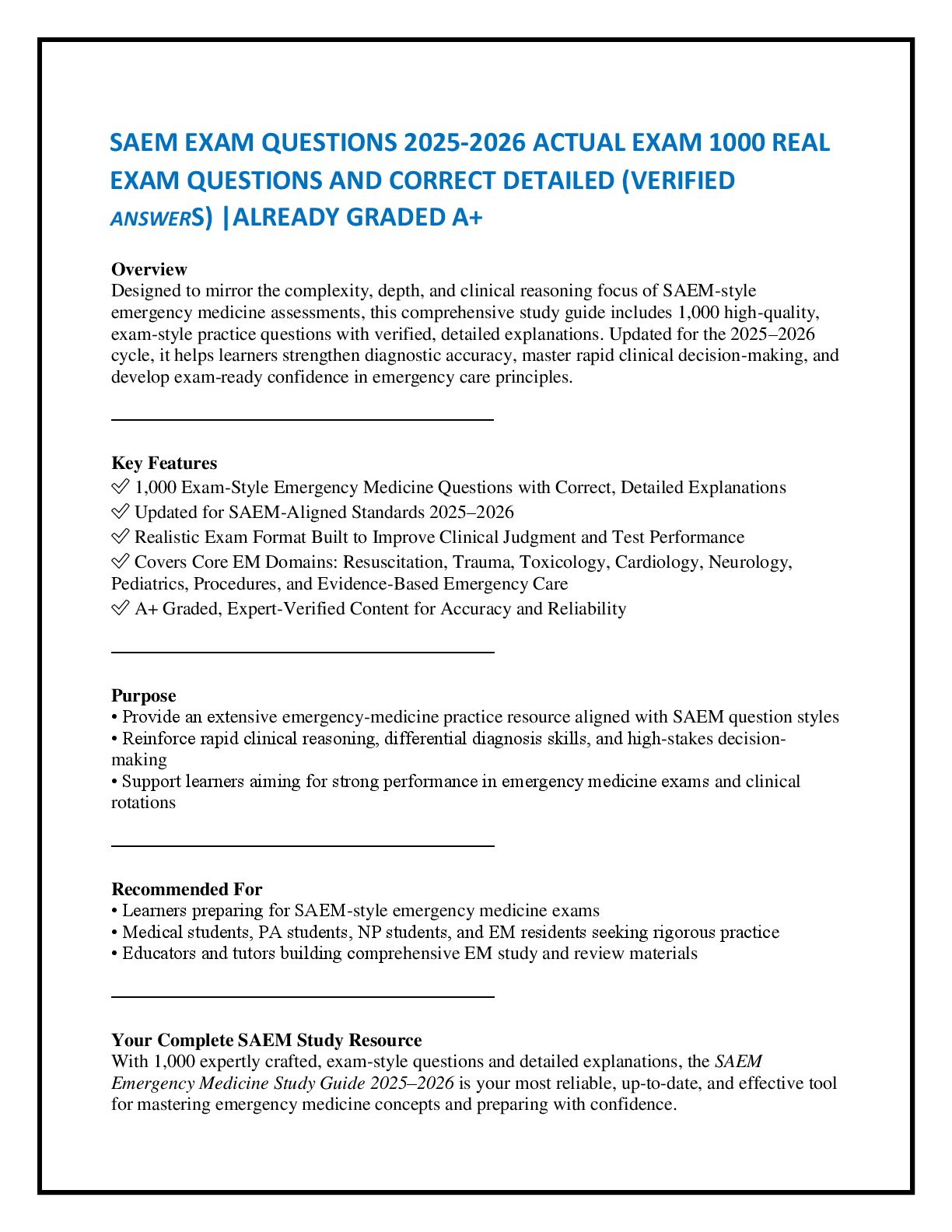 Preview of SAEM EXAM QUESTIONS 2025-2026 ACTUAL EXAM 1000 REAL   EXAM QUESTIONS AND CORRECT DETAILED (VERIFIED ANSWERS) |ALREADY GRADED A+