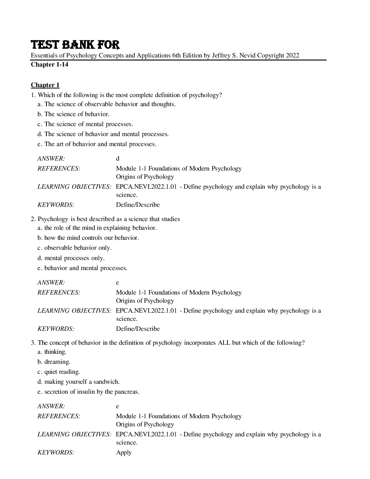 Preview image for Test Bank For Essentials of Psychology Concepts and Applications 6th Edition by Jeffrey S. Nevid Copyright 2022 Chapter 1-14