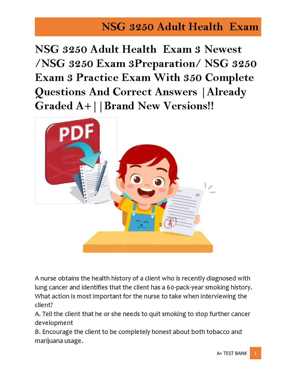Recommended document preview for NSG 3250 Adult Health  Exam 3 Newest  /NSG 3250 Exam 3Preparation/ NSG 3250  Exam 3 Practice Exam With 350 Complete  Questions And Correct Answers |Already  Graded A+||Brand New Versions!!