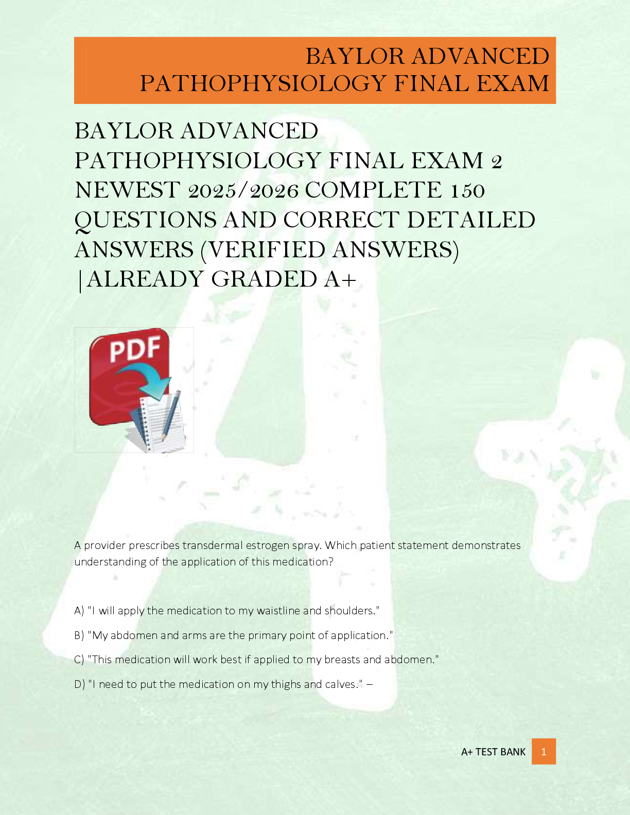 Preview image for BAYLOR ADVANCED  PATHOPHYSIOLOGY FINAL EXAM 2  NEWEST 2025/2026 COMPLETE 150  QUESTIONS AND CORRECT DETAILED  ANSWERS (VERIFIED ANSWERS)  |ALREADY GRADED A+