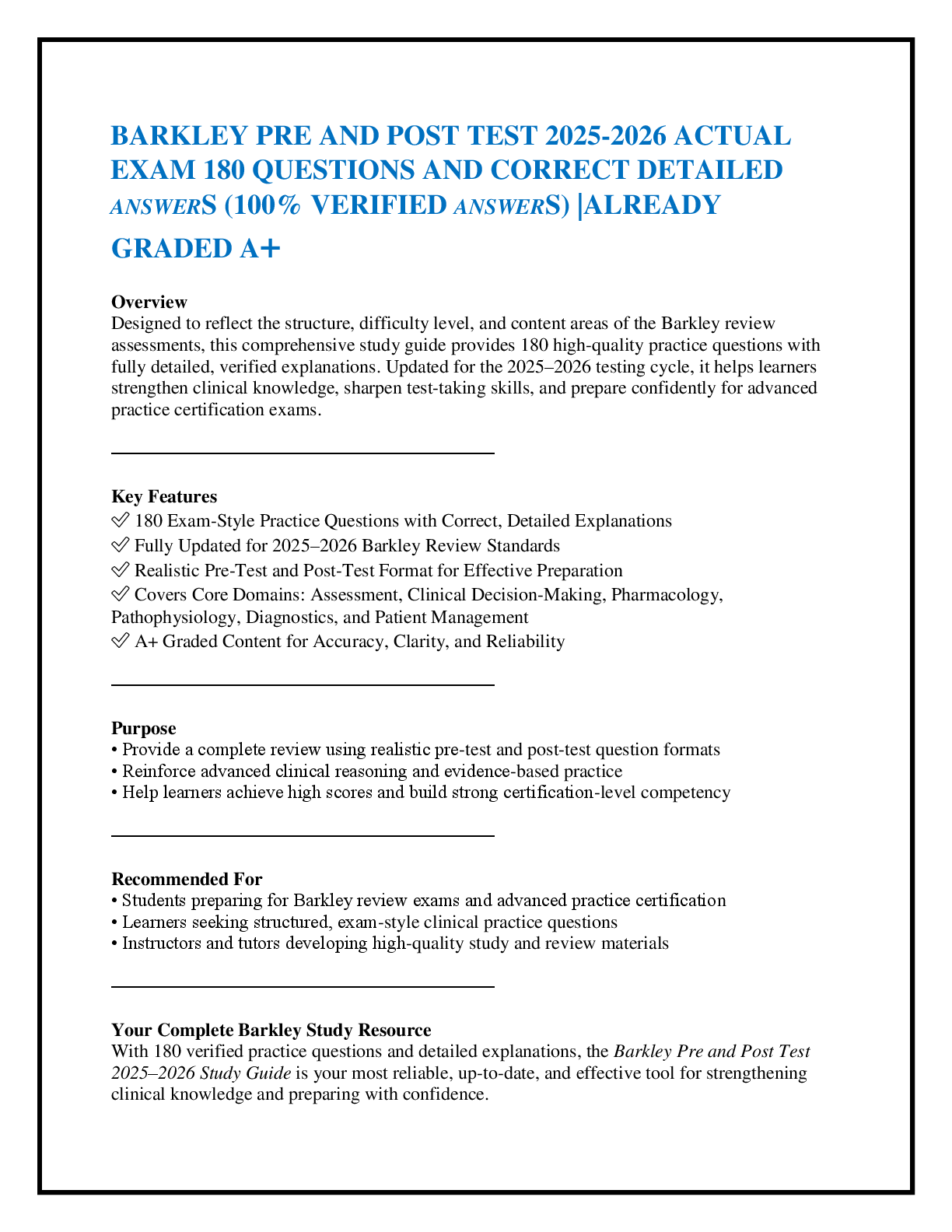 BARKLEY PRE AND POST TEST 2025-2026 ACTUAL   EXAM 180 QUESTIONS AND CORRECT DETAILED   ANSWERS (100% VERIFIED ANSWERS) |ALREADY GRADED A+