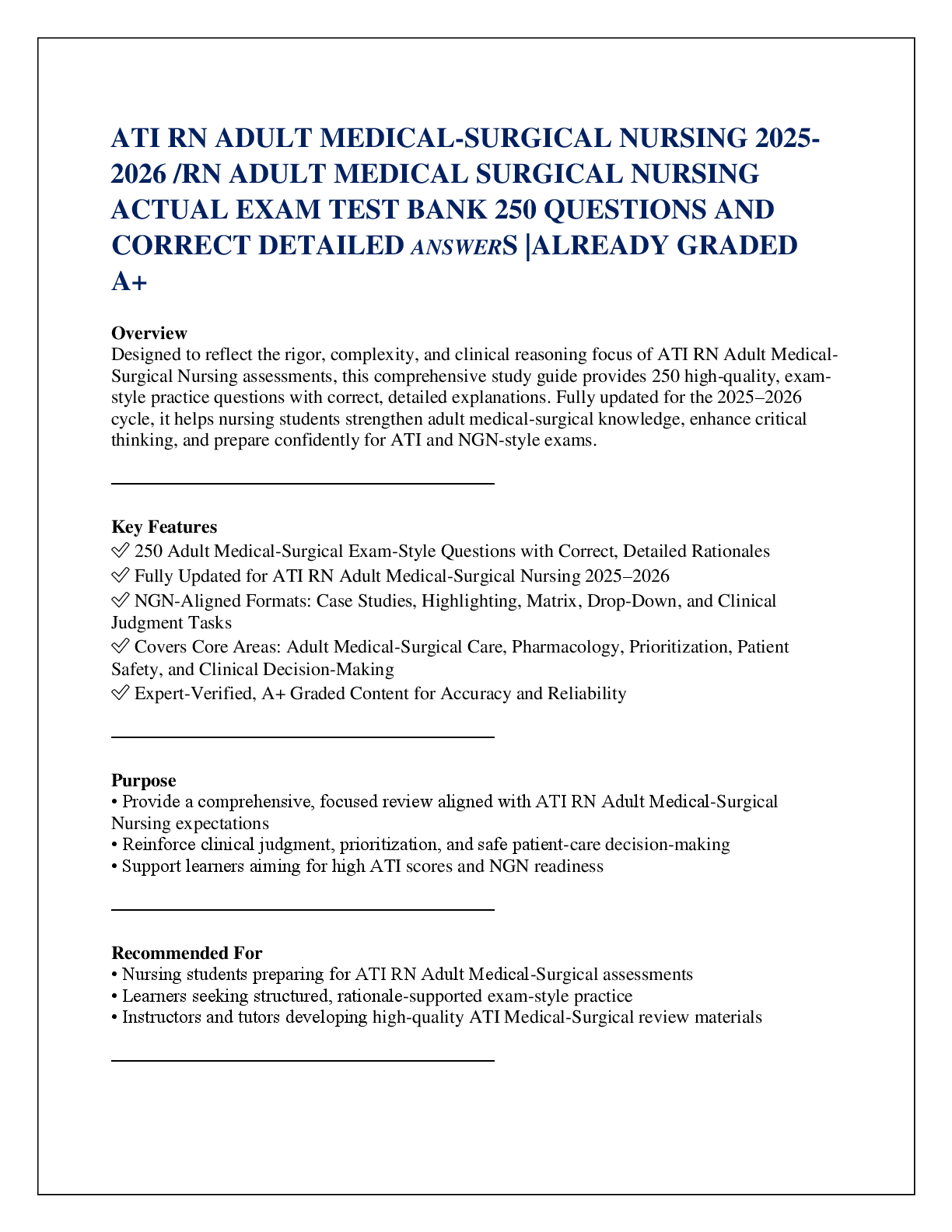 Recommended document preview for ATI RN ADULT MEDICAL-SURGICAL NURSING 2025- 2026 /RN ADULT MEDICAL SURGICAL NURSING   ACTUAL EXAM TEST BANK 250 QUESTIONS AND  CORRECT DETAILED ANSWERS |ALREADY GRADED A+