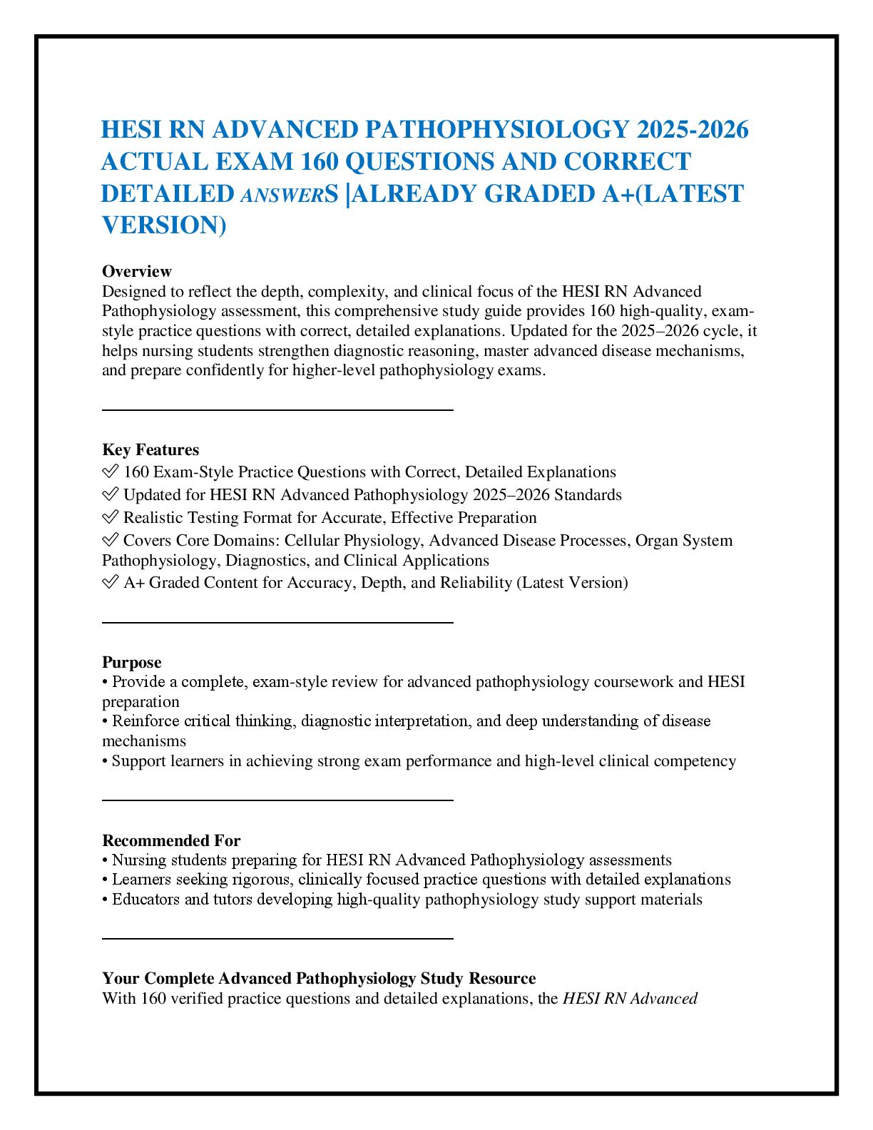 HESI RN ADVANCED PATHOPHYSIOLOGY 2025-2026   ACTUAL EXAM 160 QUESTIONS AND CORRECT   DETAILED ANSWERS |ALREADY GRADED A+(LATEST VERSION)