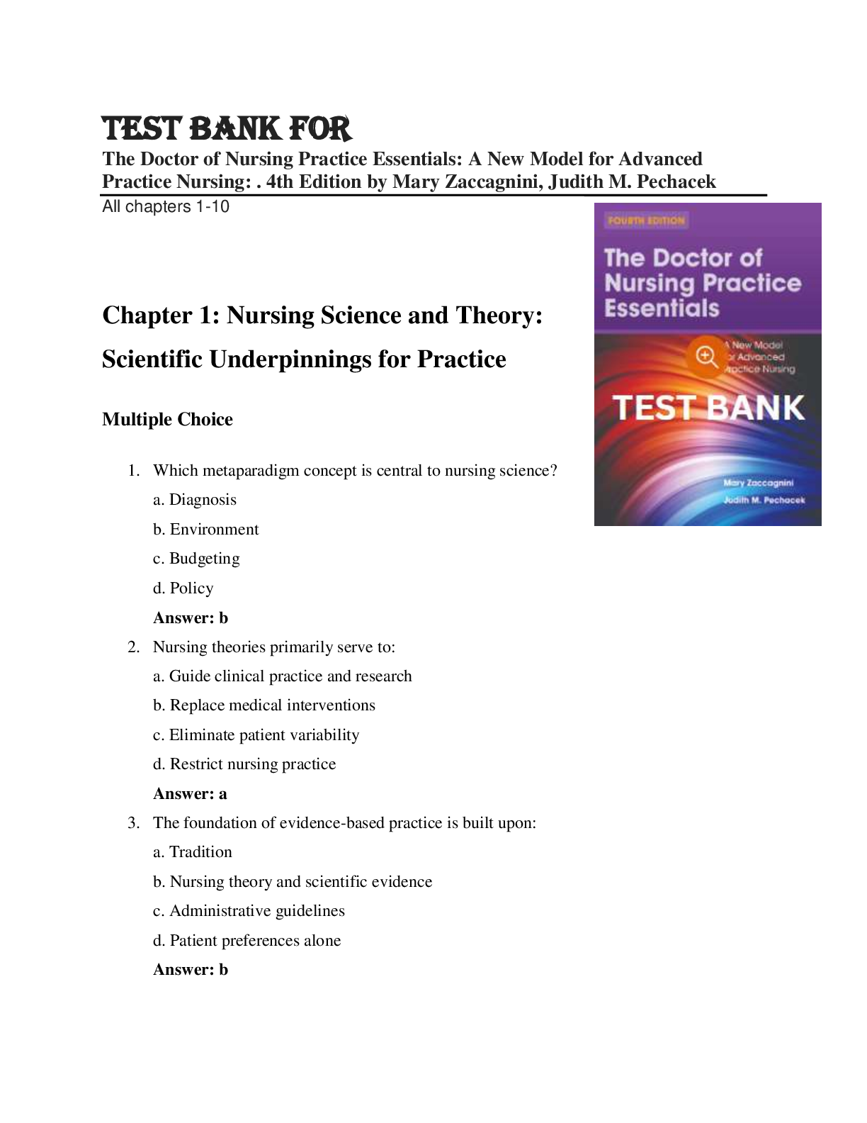 Preview image for Test Bank for The Doctor of Nursing Practice Essentials A New Model for Advanced Practice Nursing 4th Edition by Mary Zaccagnini, Judith M. Pechacek