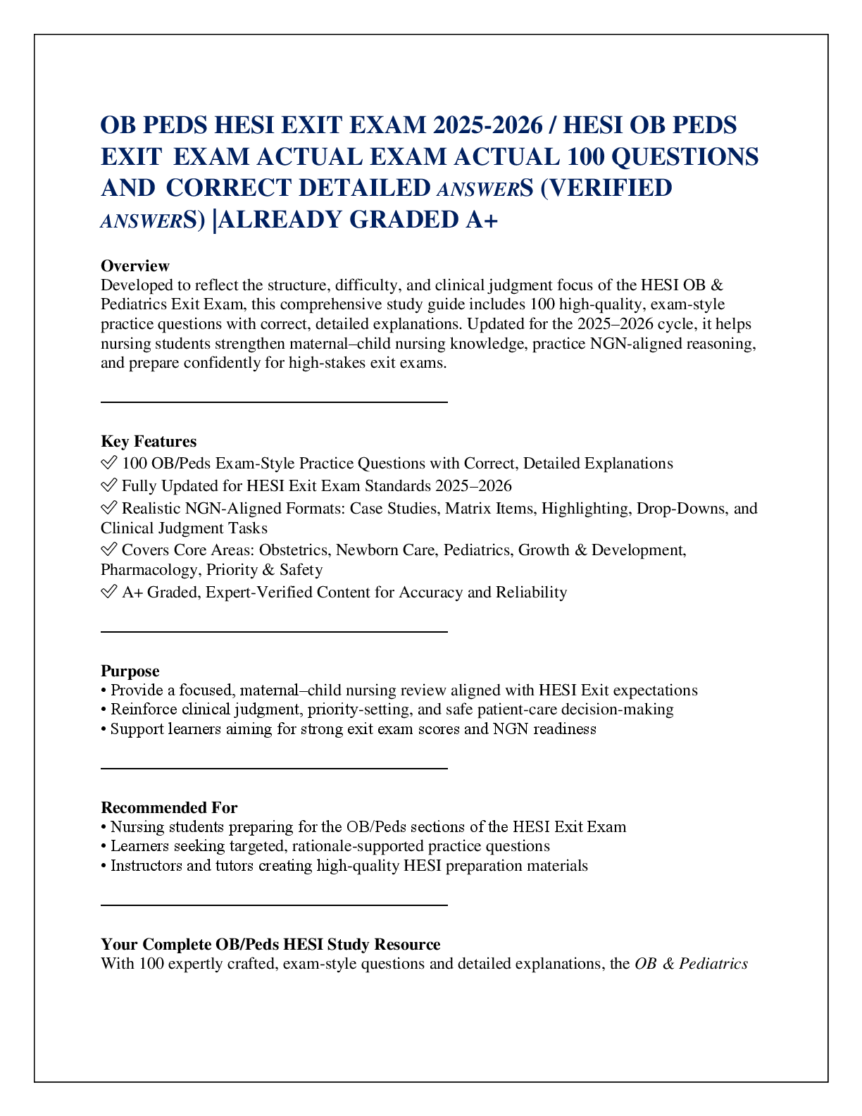 Preview of OB PEDS HESI EXIT EXAM 2025-2026 / HESI OB PEDS EXIT  EXAM ACTUAL EXAM ACTUAL 100 QUESTIONS AND  CORRECT DETAILED ANSWERS (VERIFIED ANSWERS) |ALREADY GRADED A+