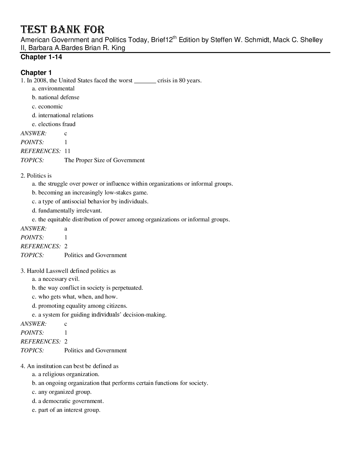 Preview image for Test Bank For American Government and Politics Today, Brief by Steffen W. Schmidt, Mack C. Shelley II, Barbara A. Bardes, Brian R. King  12th Edition