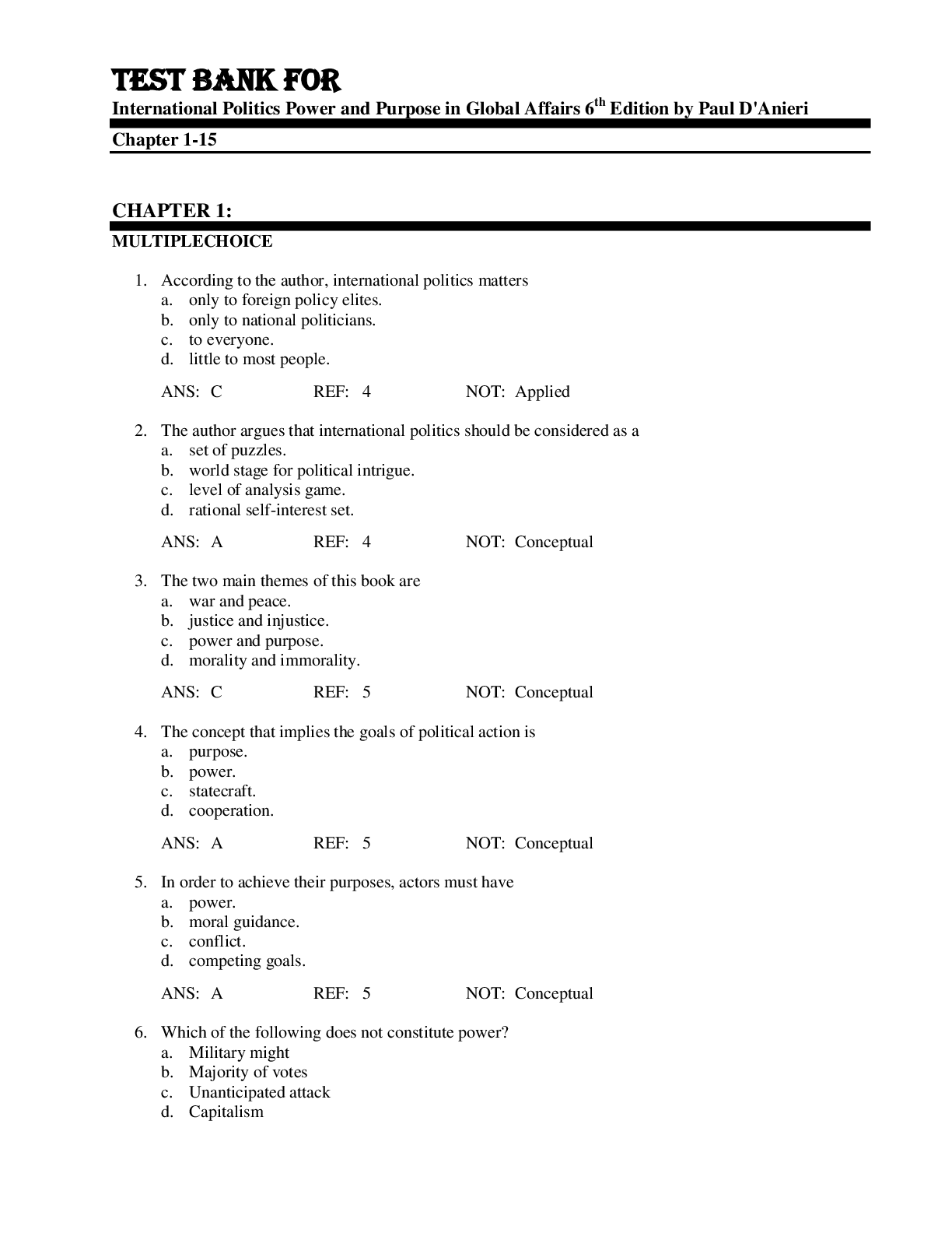 Preview image for Test Bank For International Politics Power and Purpose in Global Affairs by Paul D'Anieri  6th Edition