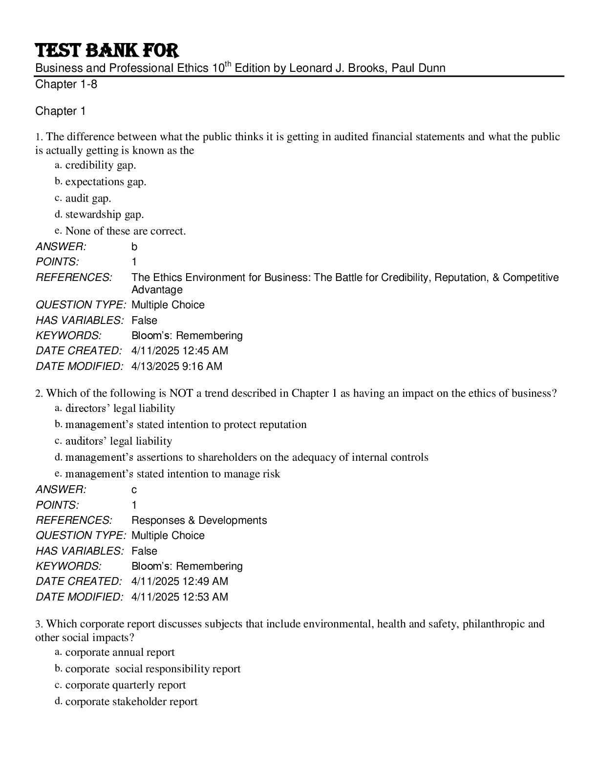 Preview image for Test Bank for Business and Professional Ethics 10th Edition by Leonard J. Brooks, Paul Dunn