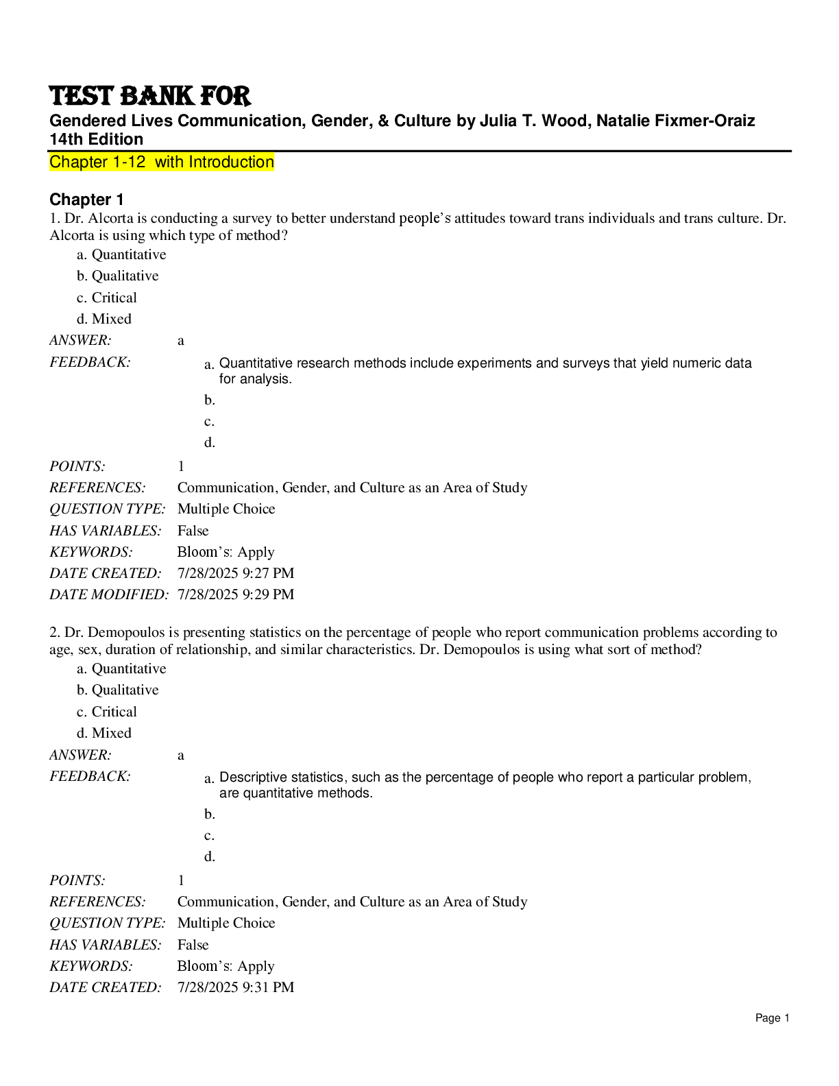 Preview image for Solution Manual For Gendered Lives Communication, Gender, & Culture by Julia T. Wood, Natal