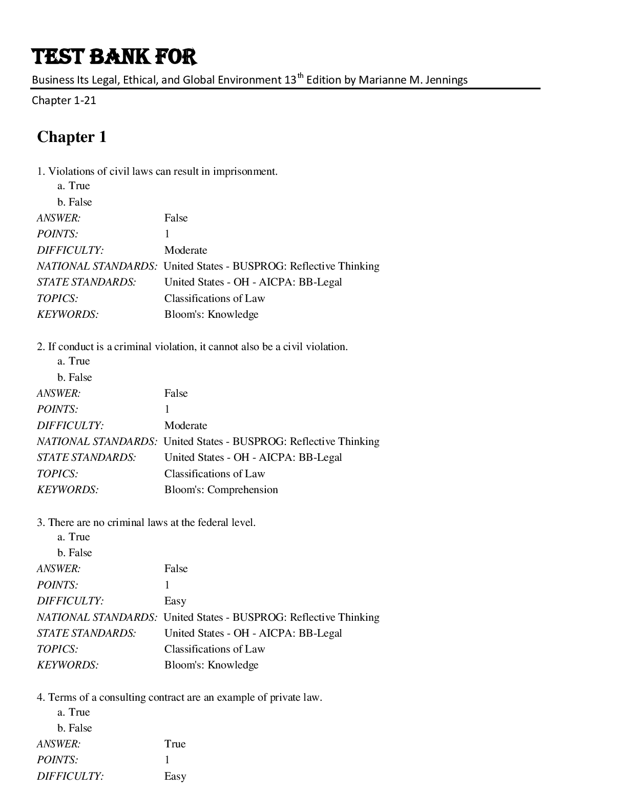 Preview image for Test Bank for Business Its Legal, Ethical, and Global Environment 13th Edition by Marianne M. Jennings