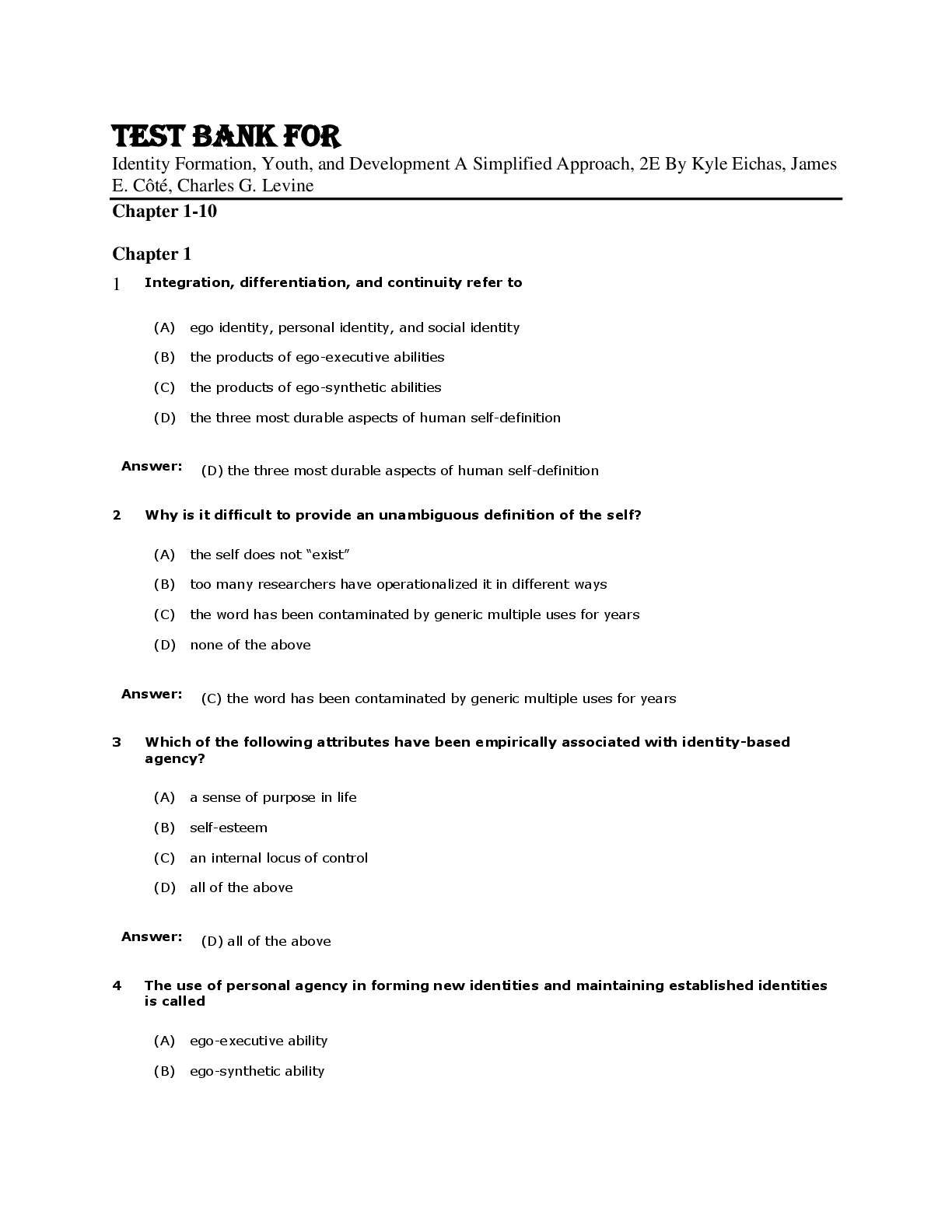 Preview image for Test Bank For Identity Formation, Youth, and Development A Simplified Approach, 2E By Kyle Eichas, James E. Côté, Charles G. Levine
