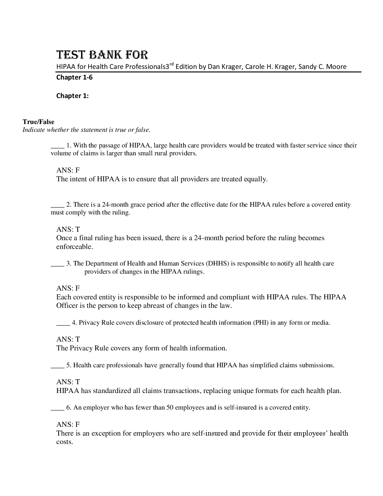 Preview image for Test Bank For HIPAA for Health Care Professionals by Dan Krager, Carole H. Krager, Sandy C. Moore  3rd Edition
