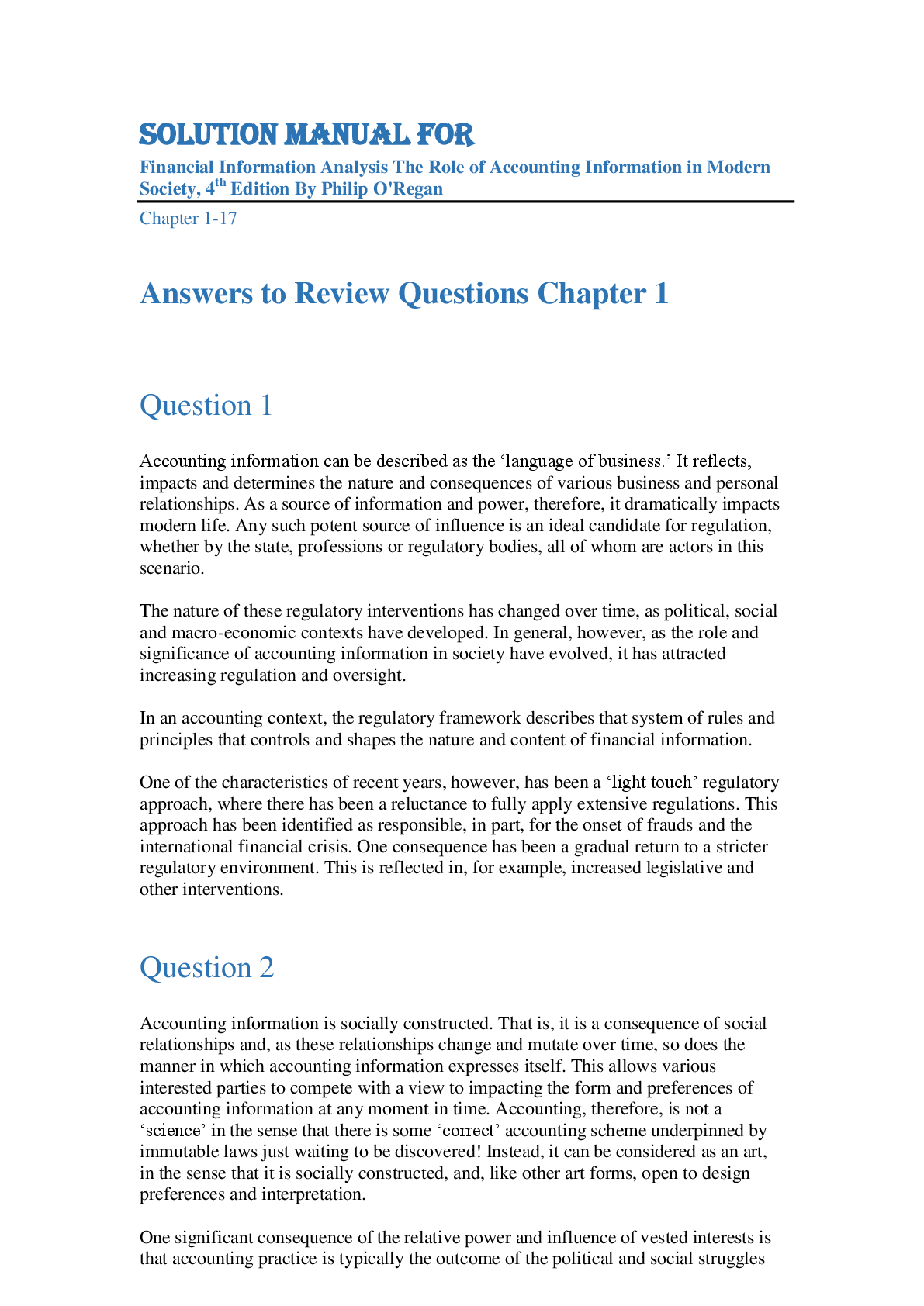 Preview image for Soluton Manual For  Financial Information Analysis The Role of Accounting Information in Modern Society, 4E By Philip O'Regan