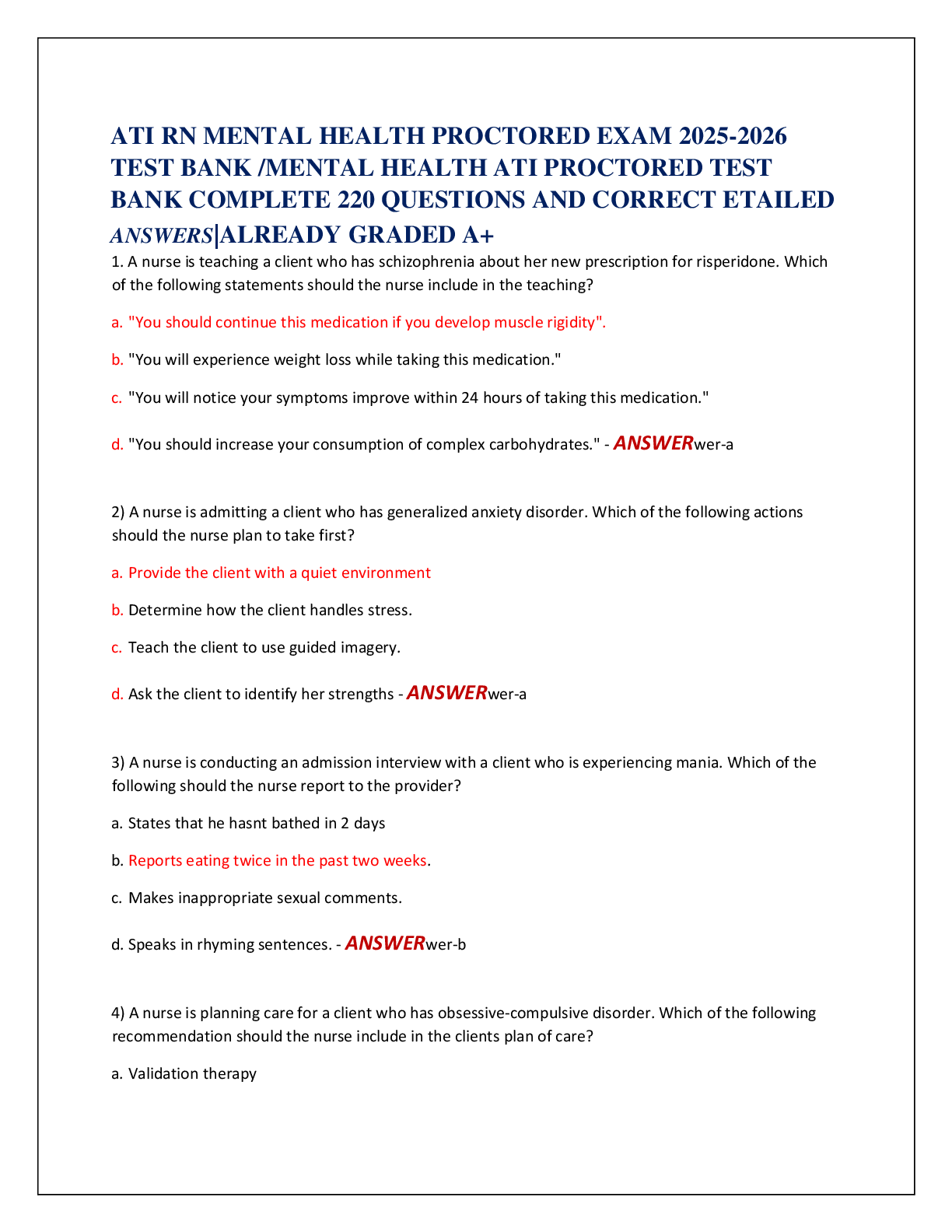 ATI RN MENTAL HEALTH PROCTORED EXAM 2025-2026   TEST BANK /MENTAL HEALTH ATI PROCTORED TEST  BANK COMPLETE 220 QUESTIONS AND CORRECT ETAILED  ANSWERS|ALREADY GRADED A+