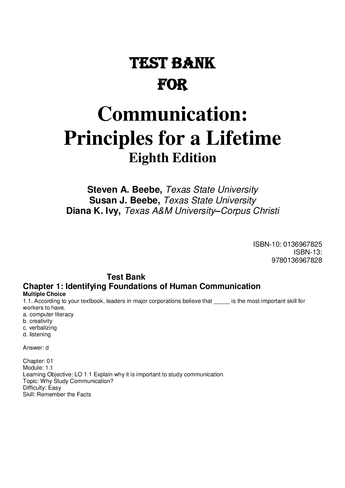 Preview image for Test Bank For Communication Principles for a Lifetime, 8th Edition by Steven A. Beebe, Susan J. Beebe, Diana K. Ivy Chapter 1-15
