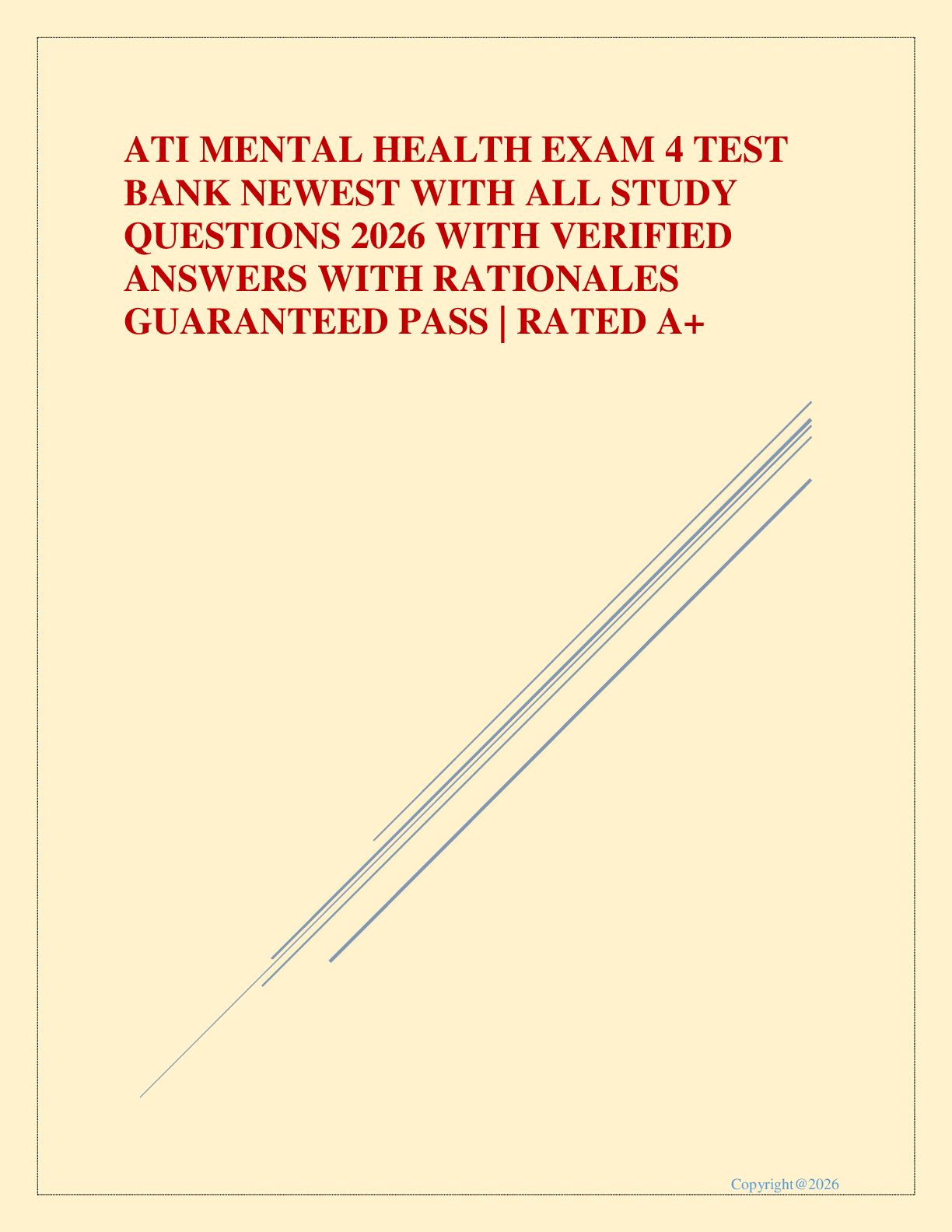 Preview image for ATI MENTAL HEALTH EXAM 4 TEST BANK NEWEST WITH ALL STUDY QUESTIONS 2026 WITH VERIFIED ANSWERS WITH RATIONALES GUARANTEED PASS | RATED A+