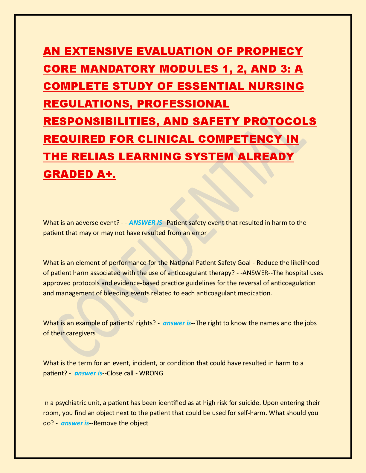 Preview image for AN EXTENSIVE EVALUATION OF PROPHECY CORE MANDATORY MODULES 1, 2, AND 3: A COMPLETE STUDY OF ESSENTIAL NURSING REGULATIONS, PROFESSIONAL RESPONSIBILITIES, AND SAFETY PROTOCOLS REQUIRED FOR CLINICAL COMPETENCY IN THE RELIAS LEARNING SYSTEM ALREADY GRADED A+.