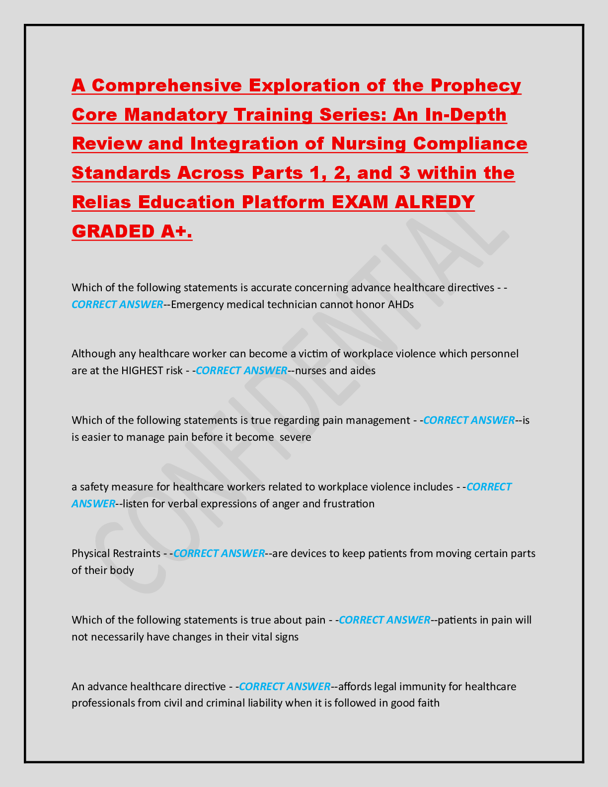 Preview image for A Comprehensive Exploration of the Prophecy Core Mandatory Training Series: An In-Depth Review and Integration of Nursing Compliance Standards Across Parts 1, 2, and 3 within the Relias Education Platform EXAM ALREDY GRADED A+.
