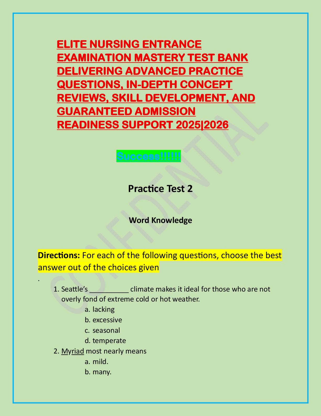 Preview image for ELITE NURSING ENTRANCE  EXAMINATION MASTERY TEST BANK  DELIVERING ADVANCED PRACTICE  QUESTIONS, IN-DEPTH CONCEPT  REVIEWS, SKILL DEVELOPMENT, AND  GUARANTEED ADMISSION  READINESS SUPPORT 2025|2026