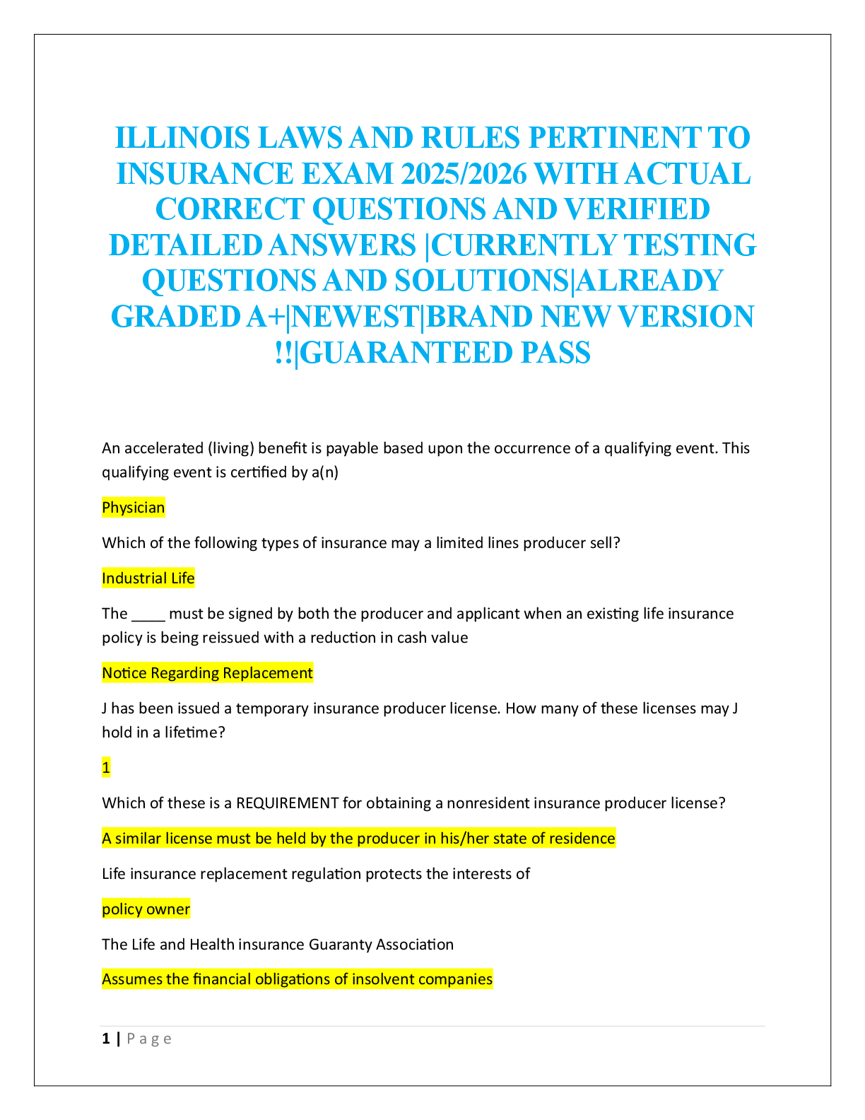 Preview image for ILLINOIS LAWS AND RULES PERTINENT TO  INSURANCE EXAM  