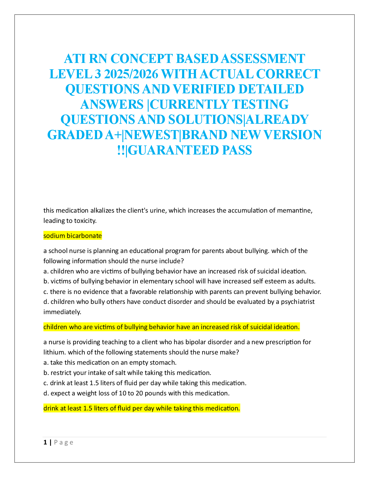 Preview of ATI RN CONCEPT BASED ASSESSMENT  LEVEL 3  