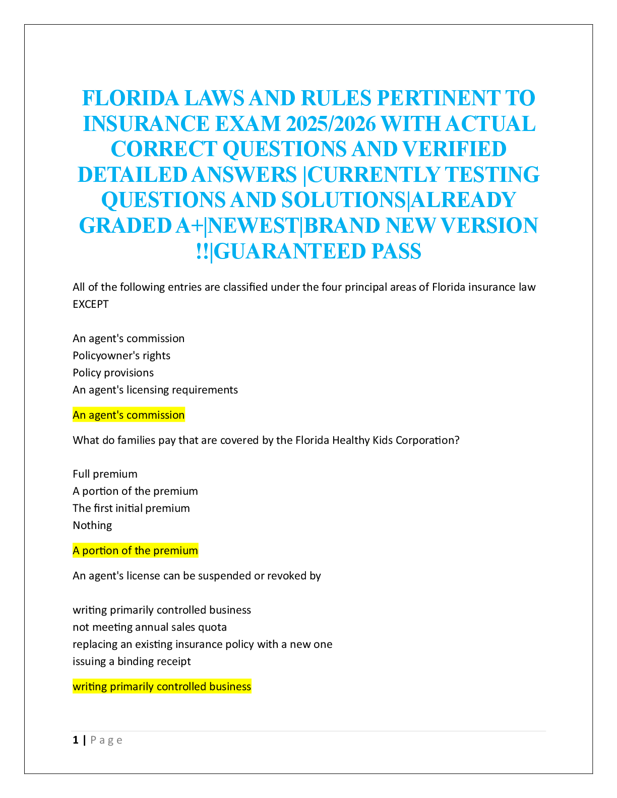Preview image for FLORIDA LAWS AND RULES PERTINENT TO  INSURANCE EXAM  