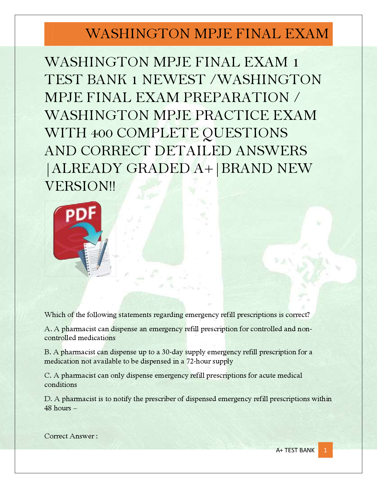 Preview of WASHINGTON MPJE FINAL EXAM 1  TEST BANK 1 NEWEST /WASHINGTON  MPJE FINAL EXAM PREPARATION /  WASHINGTON MPJE PRACTICE EXAM  WITH 400 COMPLETE QUESTIONS  AND CORRECT DETAILED ANSWERS  |ALREADY GRADED A+|BRAND NEW  VERSION!!