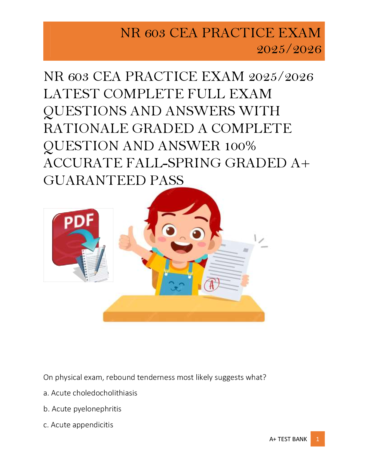 Preview image for NR 603 CEA PRACTICE EXAM 2025/2026  LATEST COMPLETE FULL EXAM  QUESTIONS AND ANSWERS WITH  RATIONALE GRADED A COMPLETE  QUESTION AND ANSWER 100%  ACCURATE FALL-SPRING GRADED A+  GUARANTEED PASS