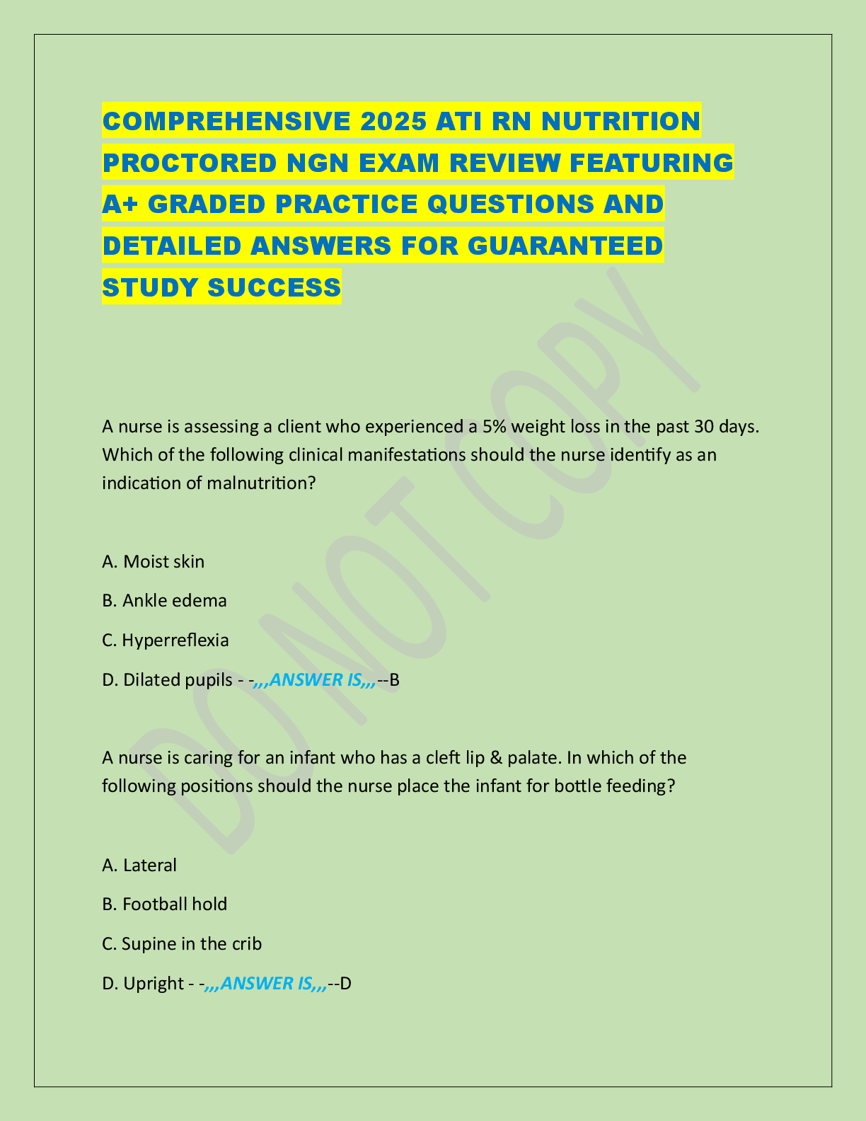Preview image for COMPREHENSIVE 2025 ATI RN NUTRITION PROCTORED NGN EXAM REVIEW FEATURING A+ GRADED PRACTICE QUESTIONS AND DETAILED ANSWERS FOR GUARANTEED STUDY SUCCESS