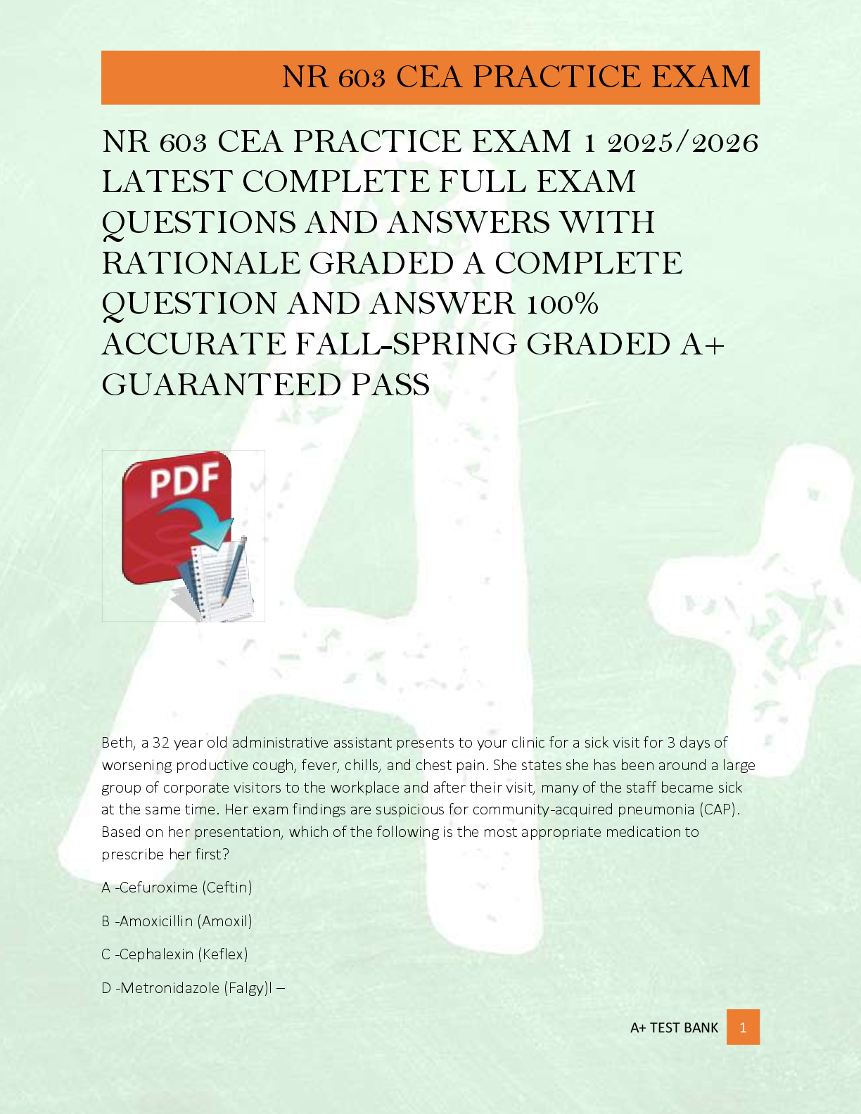 Preview image for NR 603 CEA PRACTICE EXAM 1 2025/2026  LATEST COMPLETE FULL EXAM  QUESTIONS AND ANSWERS WITH  RATIONALE GRADED A COMPLETE  QUESTION AND ANSWER 100%  ACCURATE FALL-SPRING GRADED A+  GUARANTEED PASS