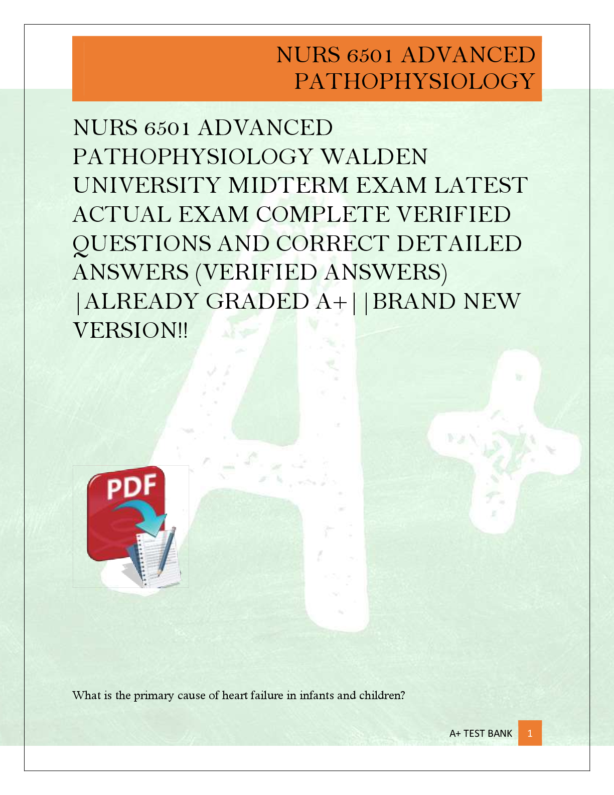 Preview image for NURS 6501 ADVANCED  PATHOPHYSIOLOGY WALDEN  UNIVERSITY MIDTERM EXAM LATEST  ACTUAL EXAM COMPLETE VERIFIED  QUESTIONS AND CORRECT DETAILED  ANSWERS (VERIFIED ANSWERS)  |ALREADY GRADED A+||BRAND NEW  VERSION!!