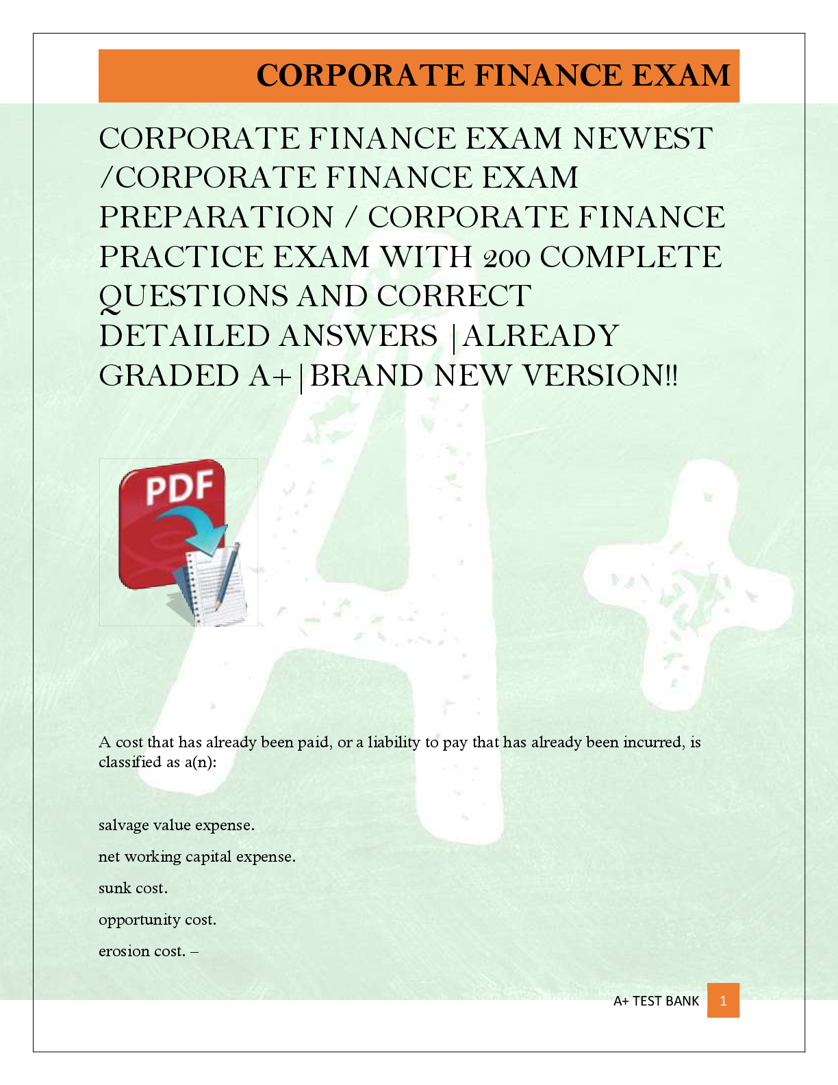 Preview image for CORPORATE FINANCE EXAM NEWEST  /CORPORATE FINANCE EXAM  PREPARATION / CORPORATE FINANCE  PRACTICE EXAM WITH 200 COMPLETE  QUESTIONS AND CORRECT  DETAILED ANSWERS |ALREADY  GRADED A+|BRAND NEW VERSION!
