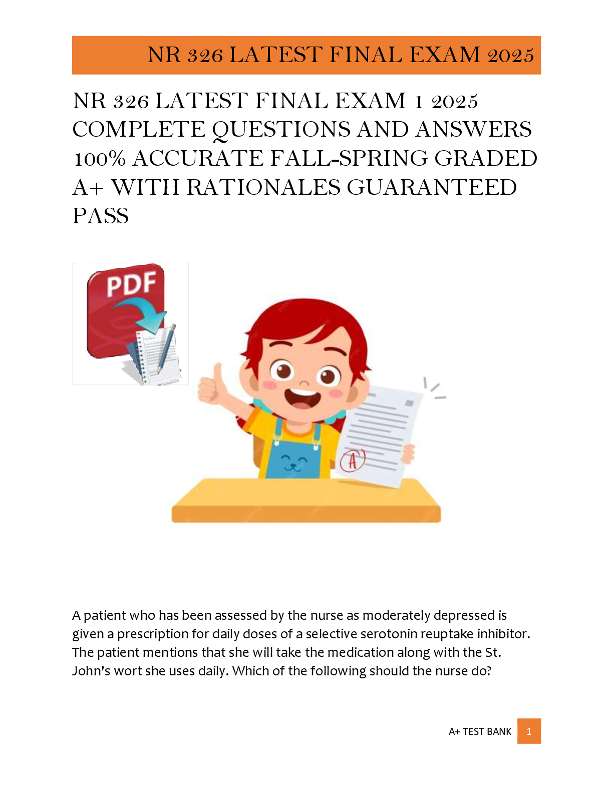 Preview image for NR 326 LATEST FINAL EXAM 1 2025  COMPLETE QUESTIONS AND ANSWERS  100% ACCURATE FALL-SPRING GRADED  A+ WITH RATIONALES GUARANTEED  PASS