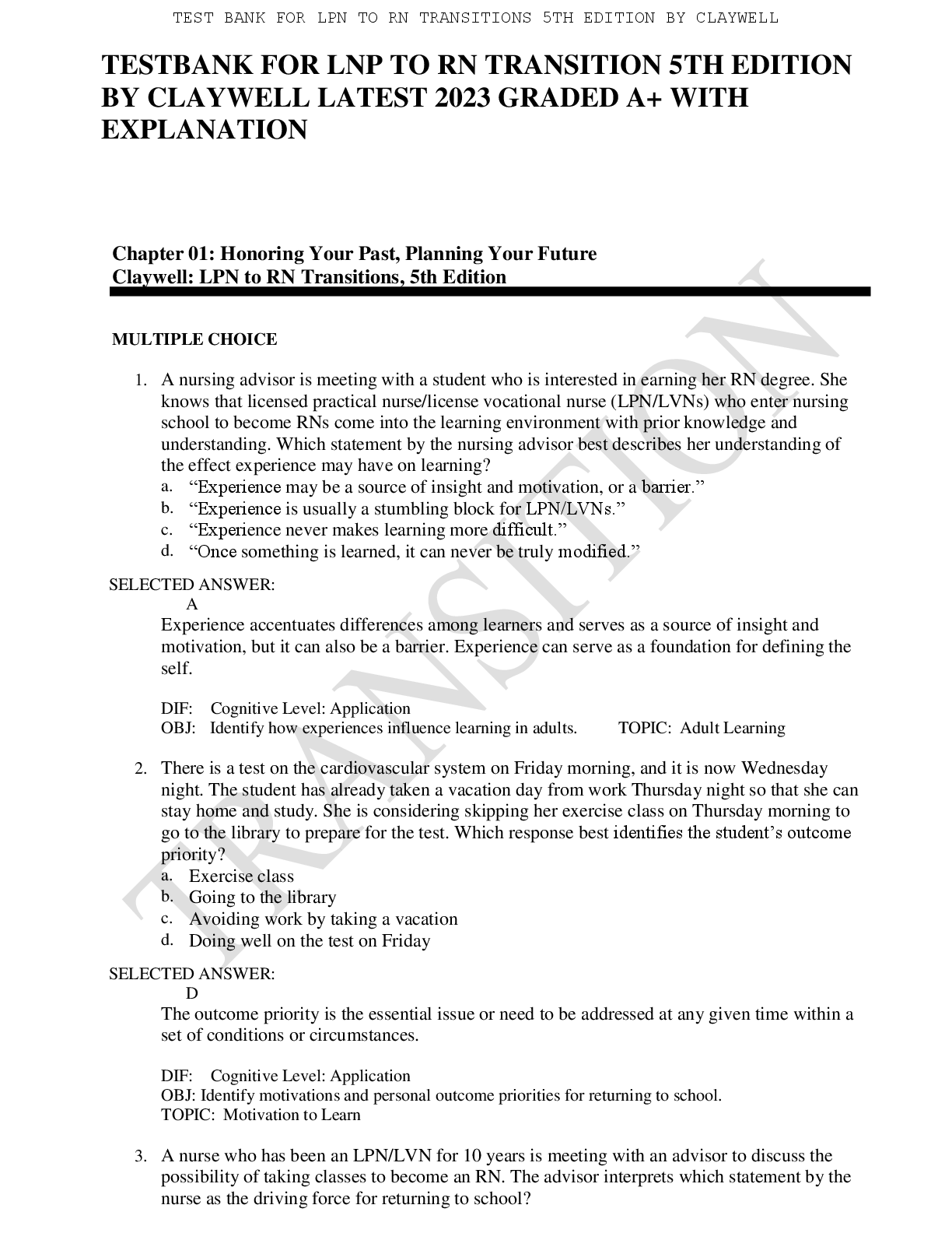 Preview of Test Bank for LPN to RN Transitions 5th Edition