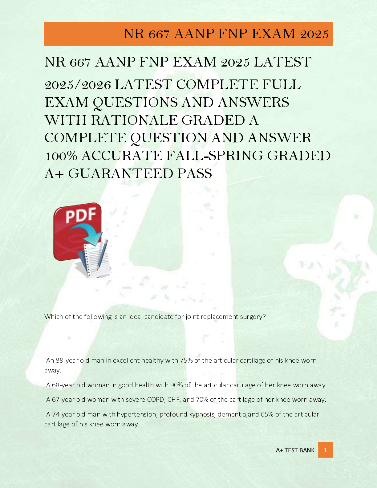 Preview image for NR 667 AANP FNP EXAM 2025 LATEST  2025/2026 LATEST COMPLETE FULL  EXAM QUESTIONS AND ANSWERS  WITH RATIONALE GRADED A  COMPLETE QUESTION AND ANSWER  100% ACCURATE FALL-SPRING GRADED  A+ GUARANTEED PASS