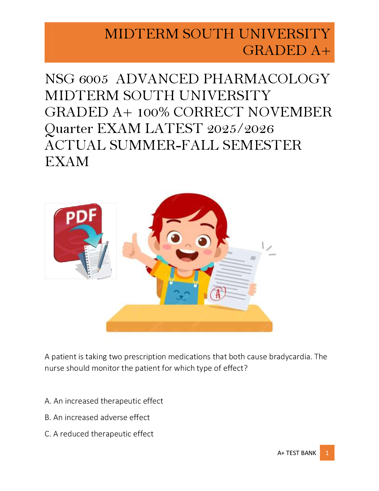 Preview image for NSG 6005  ADVANCED PHARMACOLOGY  MIDTERM SOUTH UNIVERSITY  GRADED A+ 100% CORRECT NOVEMBER  Quarter EXAM LATEST 2025/2026  ACTUAL SUMMER-FALL SEMESTER  EXAM