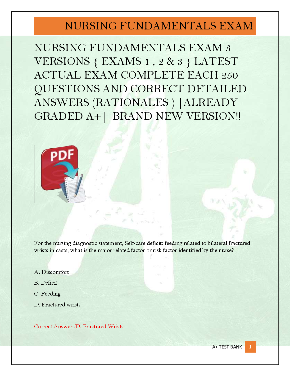 Preview image for NURSING FUNDAMENTALS EXAM 3  VERSIONS { EXAMS 1 , 2 & 3 } LATEST   ACTUAL EXAM COMPLETE EACH 250   QUESTIONS AND CORRECT DETAILED  ANSWERS (RATIONALES ) |ALREADY  GRADED A+||BRAND NEW VERSION!!