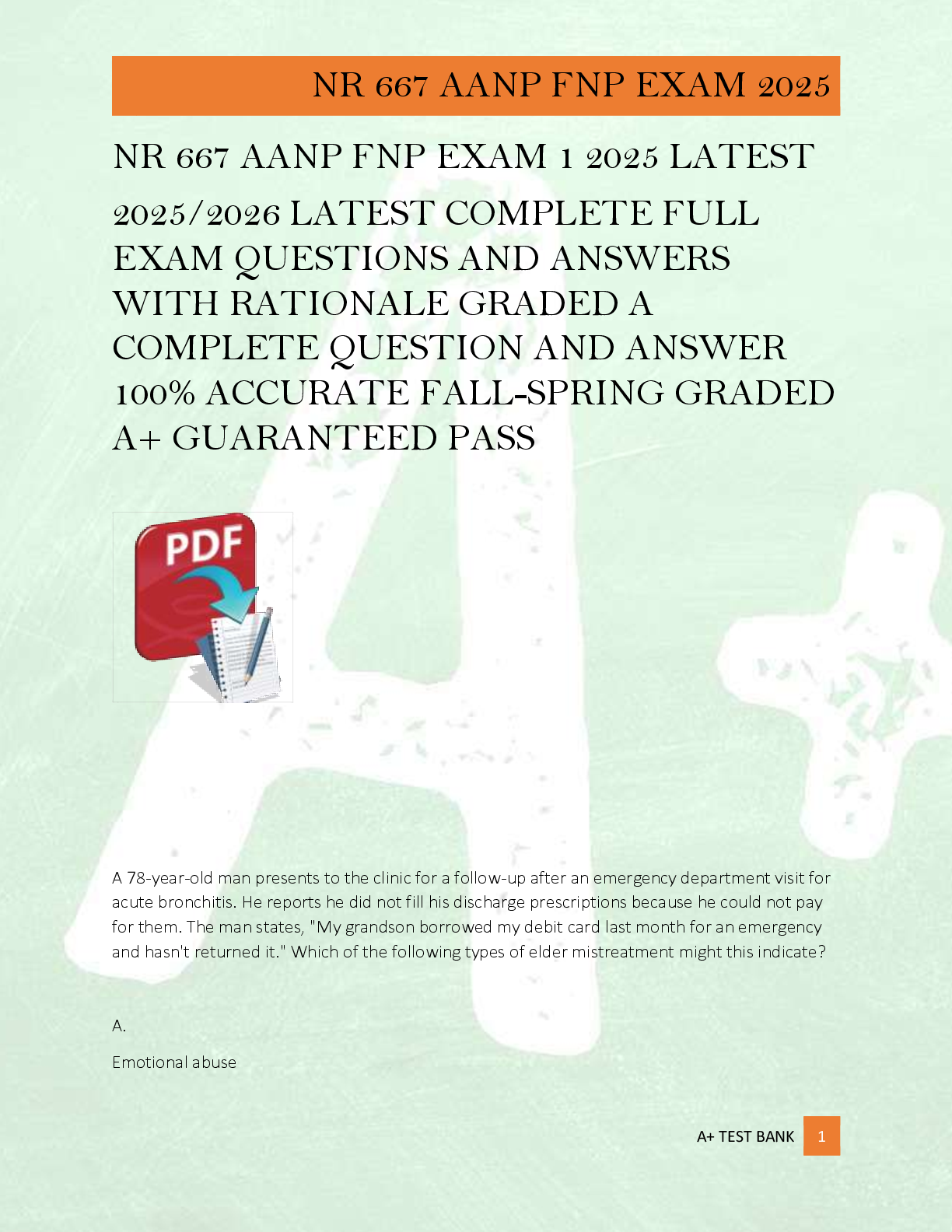 Preview image for NR 667 AANP FNP EXAM 1 2025 LATEST  2025/2026 LATEST COMPLETE FULL  EXAM QUESTIONS AND ANSWERS  WITH RATIONALE GRADED A  COMPLETE QUESTION AND ANSWER  100% ACCURATE FALL-SPRING GRADED  A+ GUARANTEED PASS
