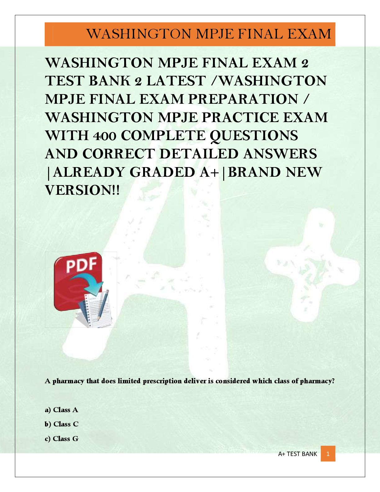 Preview of WASHINGTON MPJE FINAL EXAM 2  TEST BANK 2 LATEST /WASHINGTON  MPJE FINAL EXAM PREPARATION /  WASHINGTON MPJE PRACTICE EXAM  WITH 400 COMPLETE QUESTIONS  AND CORRECT DETAILED ANSWERS  |ALREADY GRADED A+|BRAND NEW  VERSION!!