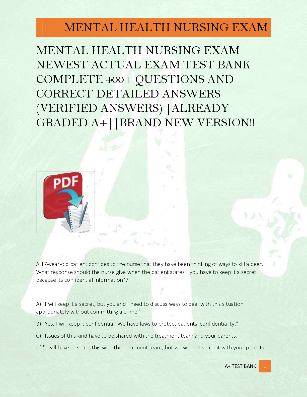 Preview of MENTAL HEALTH NURSING EXAM  NEWEST ACTUAL EXAM TEST BANK  COMPLETE 400+ QUESTIONS AND  COR