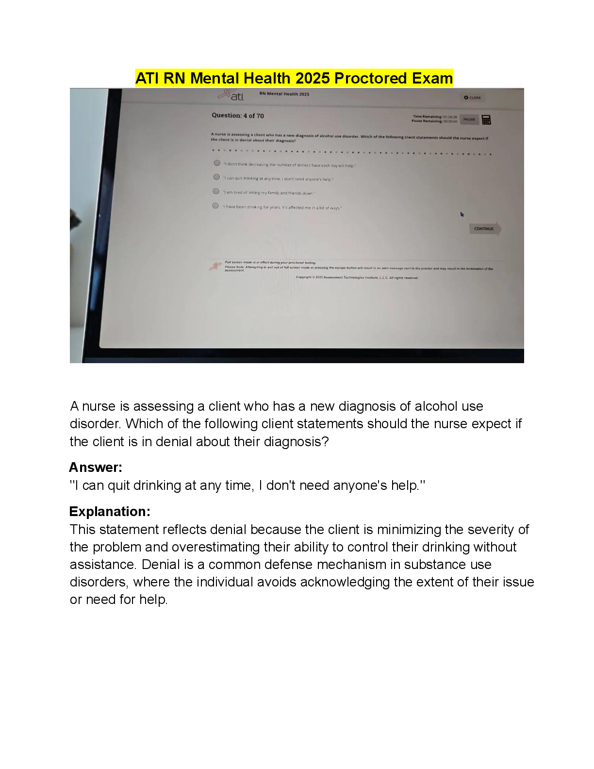 Preview image for RN ATI Mental Health 2023/2025 Proctored Exam with NGN 70 Questions & Rationales.